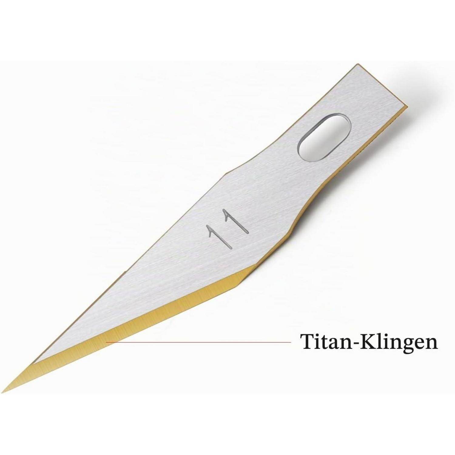 Abbildung eines Metall-Präzisionsblatts mit der Bezeichnung „Titan-Klingen