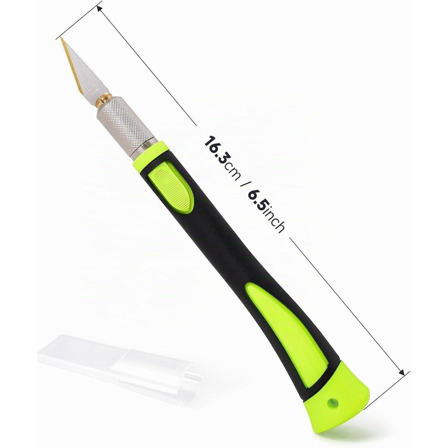 Schwarz-neon-grünes Handwerksmesser mit installierter Klinge, gezeigt mit transparenter Schutzkappe und gekennzeichneter Länge von 16,3 cm (6,5 Zoll).