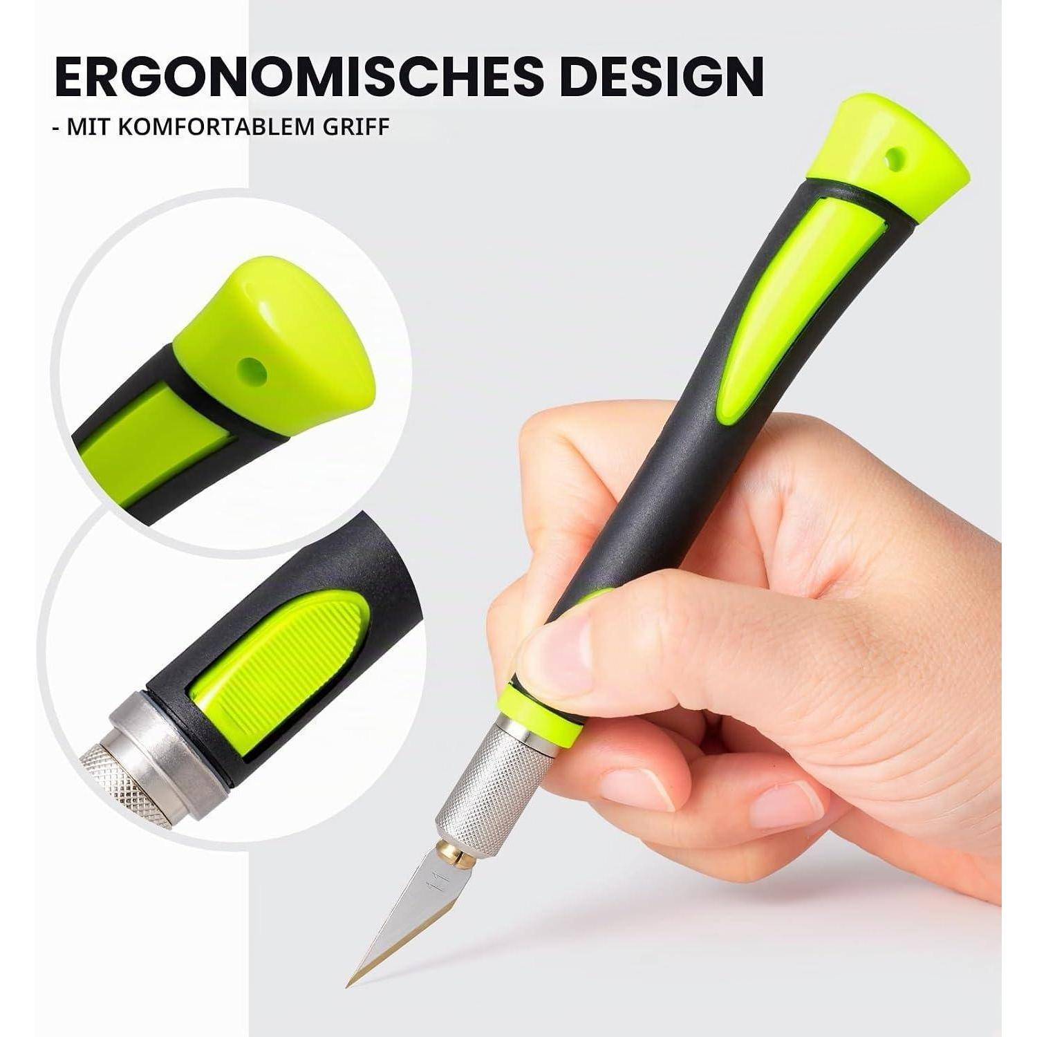 Hand, die ein schwarzes und neongrünes ergonomisches Handwerksmesser mit komfortablem Griff hält; eingefügte Nahaufnahmen heben den Griff und die strukturierte Daumenstütze hervor.