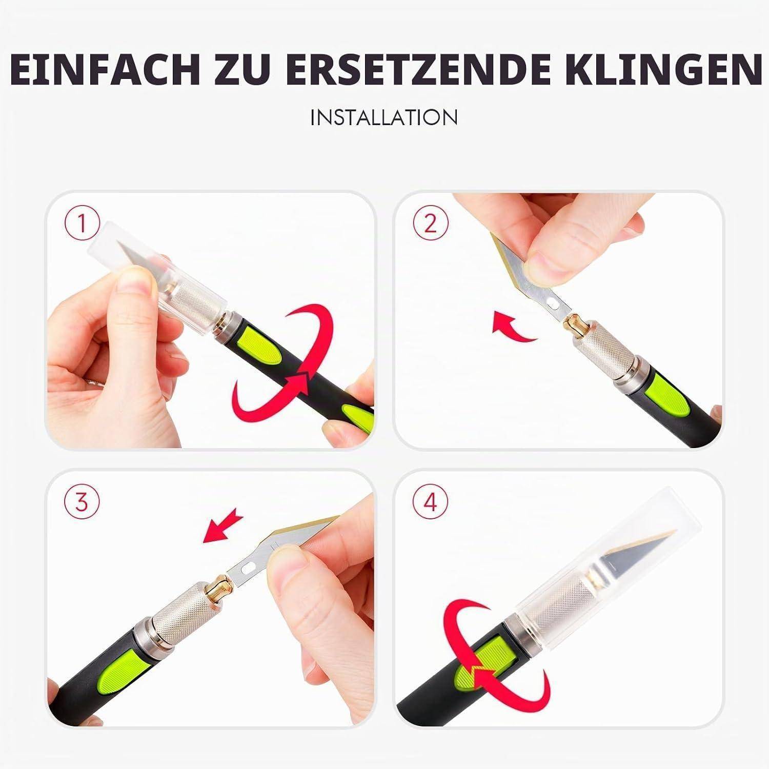 Anleitung mit Grafik zur Installation eines Ersatzmesserblatts in vier Schritten: Den Griff drehen, die Schraube lockern, das Blatt einsetzen und es festziehen.