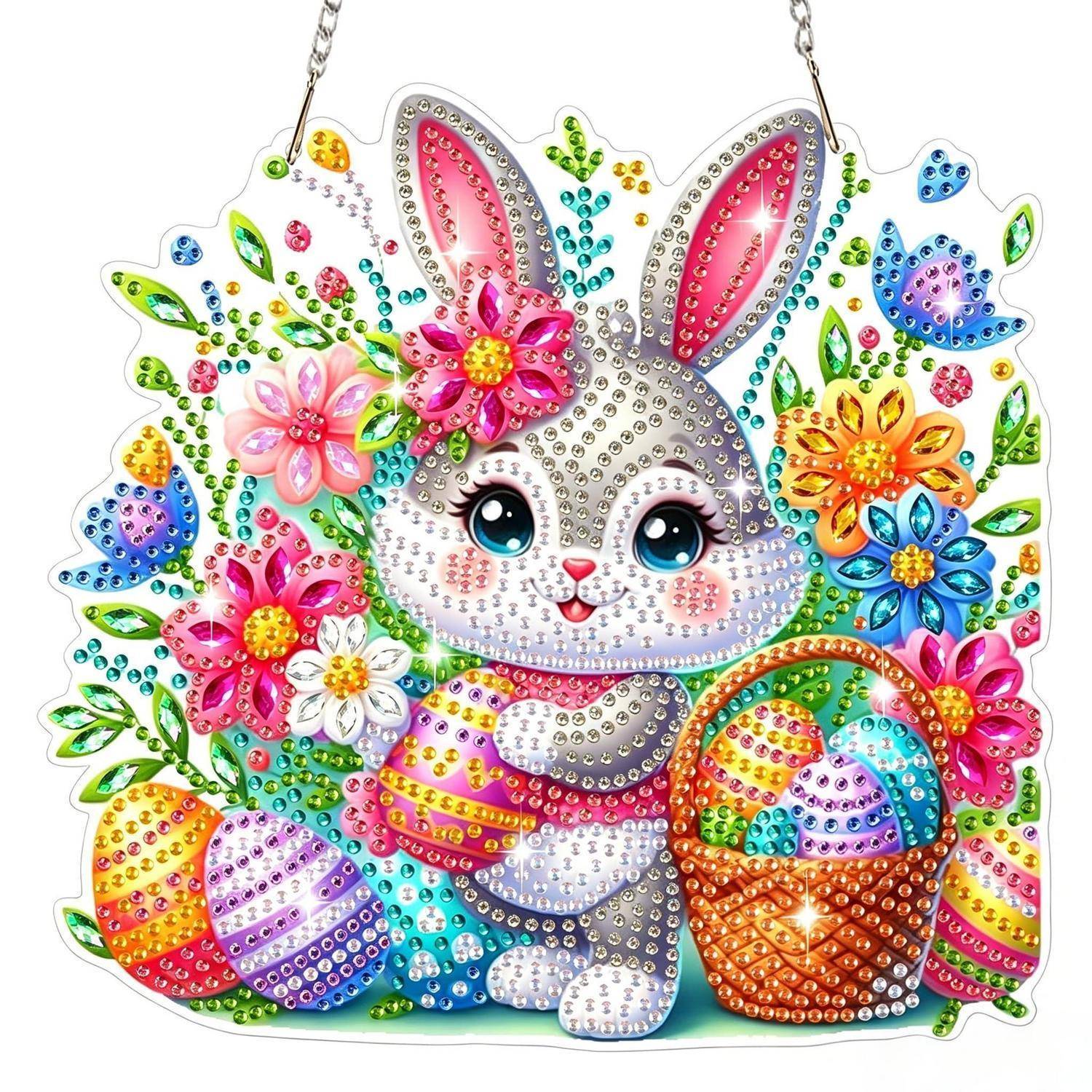 Funkelndes Cartoon-Häschen, das von Blumen und dekorierten Ostereiern neben einem Korb umgeben ist, wie ein hängendes Diamant-Kunstwerk-Ornament.