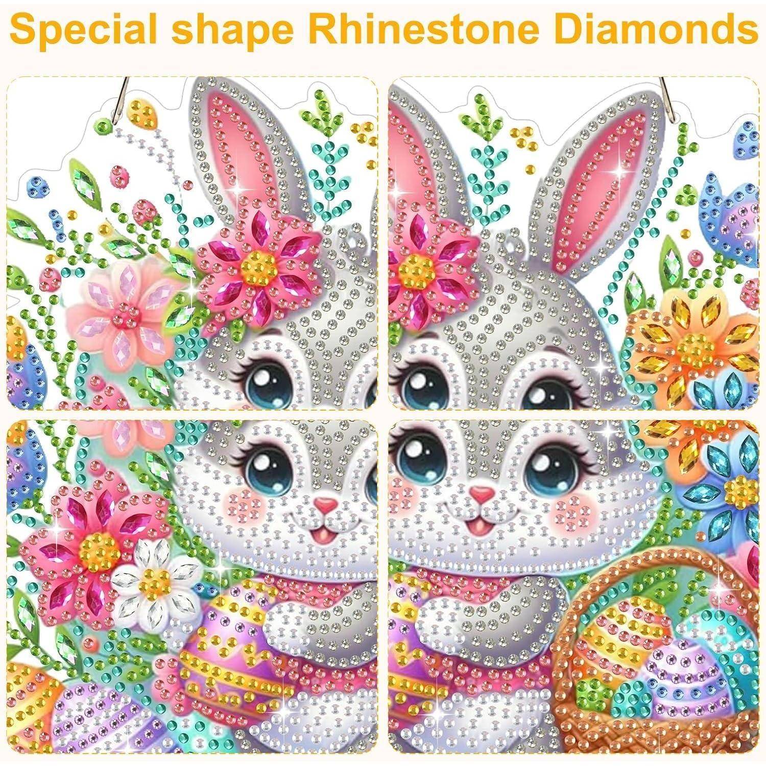 Farbenfrohe Kunstwerk-Bild mit Strass eines Hasengesichts mit Blumen und Ostereiern, aufgeteilt in vier Felder unter dem Titel „Special Shape Rhinestone Diamonds