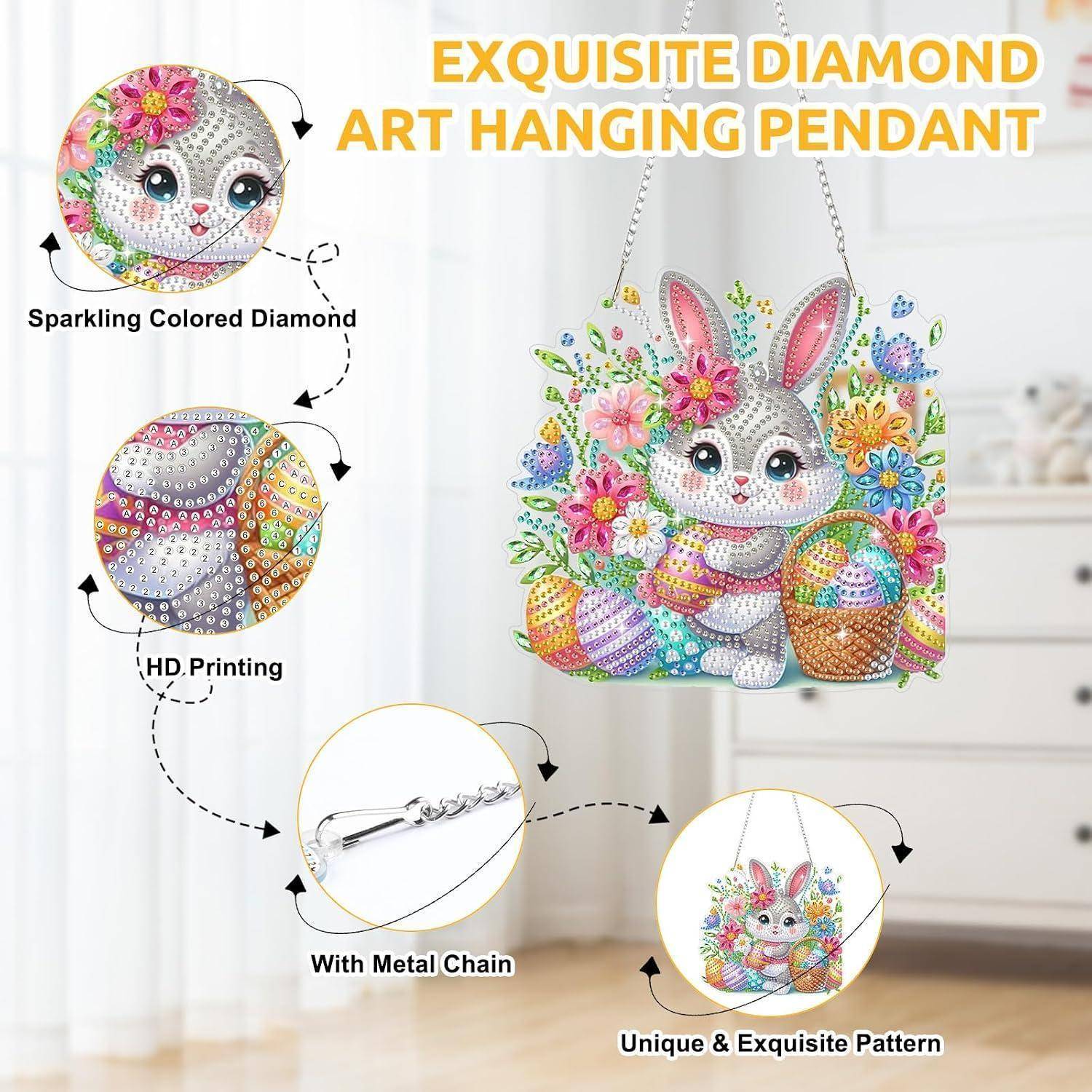 Buntes Diamant-Kunsthängependant eines Kaninchens mit Blumen und Ostereiern, mit Metallkette gezeigt und beschriftete Nahaufnahmen der Besonderheiten.