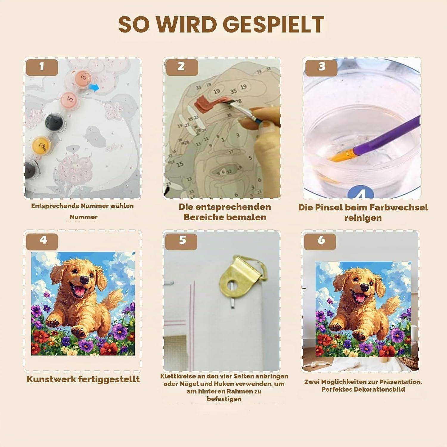 Deutsches Schritt-für-Schritt-Bild zeigt ein Malen-nach-Zahlen-Handwerk: Wählen Sie nummerierte Farben aus, füllen Sie entsprechende Bereiche aus, reinigen Sie den Pinsel und zeigen Sie dann das fertige Hundekunstwerk an.