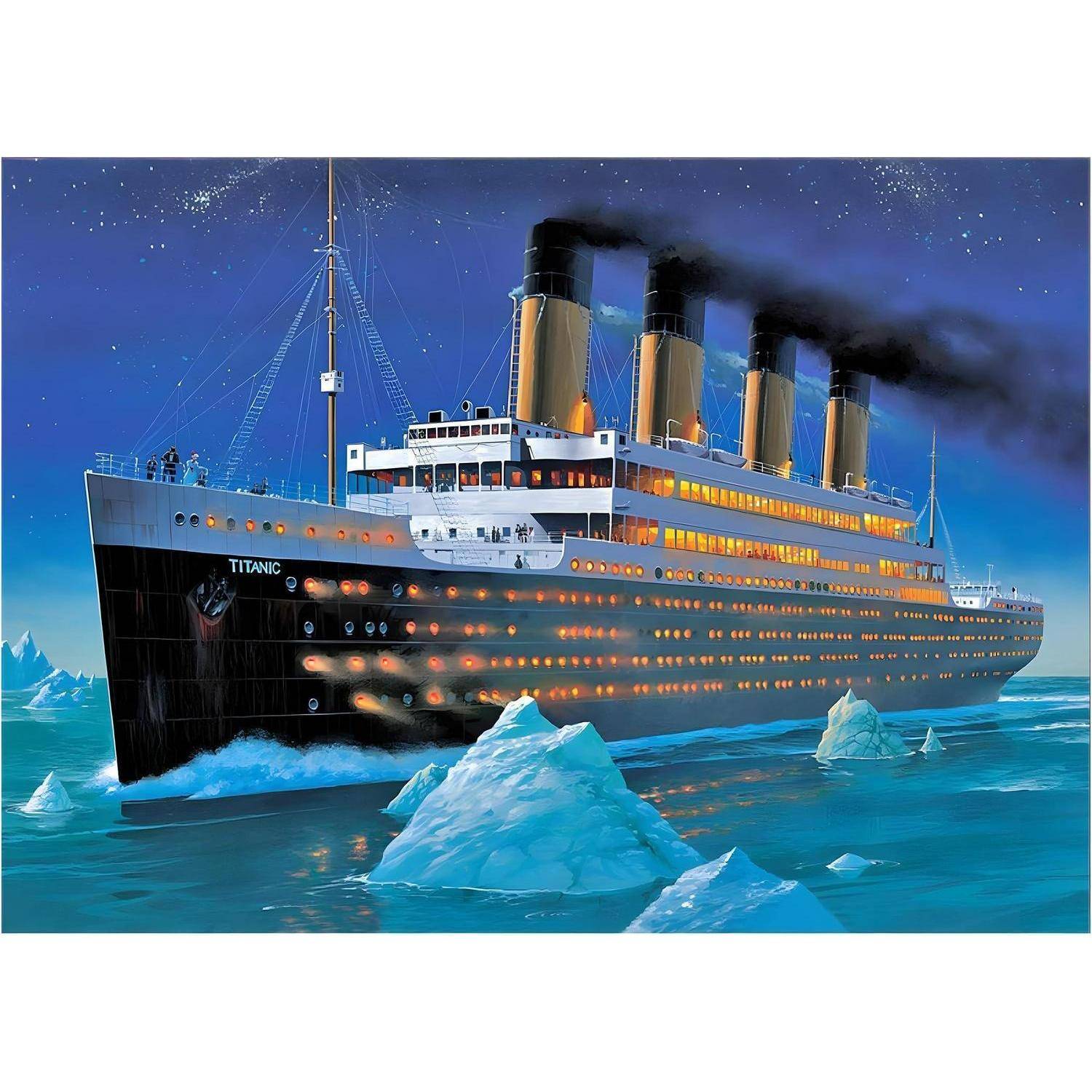 Illustration der Titanic, eines Ozeanliners, bei Nacht auf dem Meer, vorbeifahrend an Eisbergen mit schwarzem Rauch, der aus ihren Schornsteinen strömt.