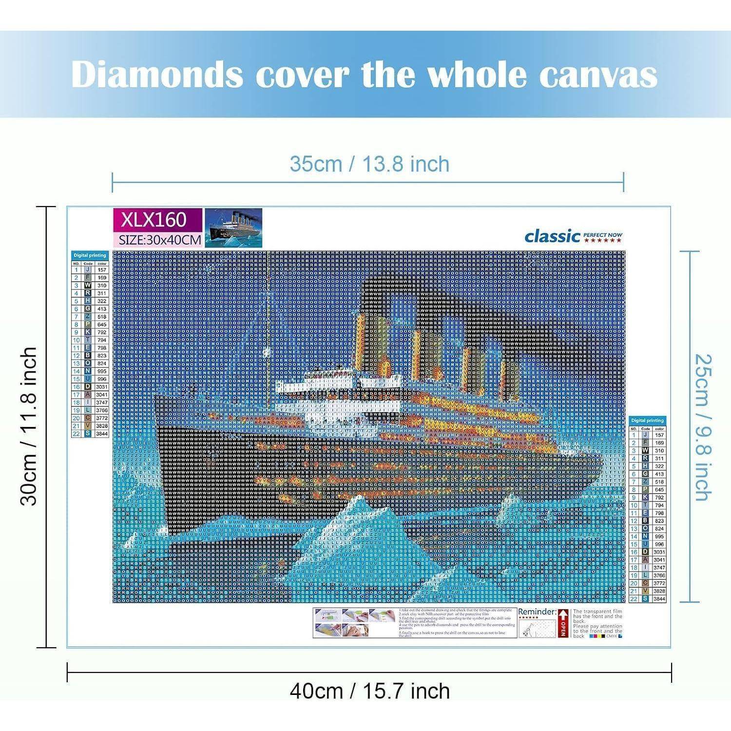 Diamantmalerei-Set mit Vorschau der Titanic auf dem Meer, gekennzeichnet mit XLX160, mit fertiggestellter Größe 30 x 40 cm und Gesamtpaketgröße 40 x 30 cm.