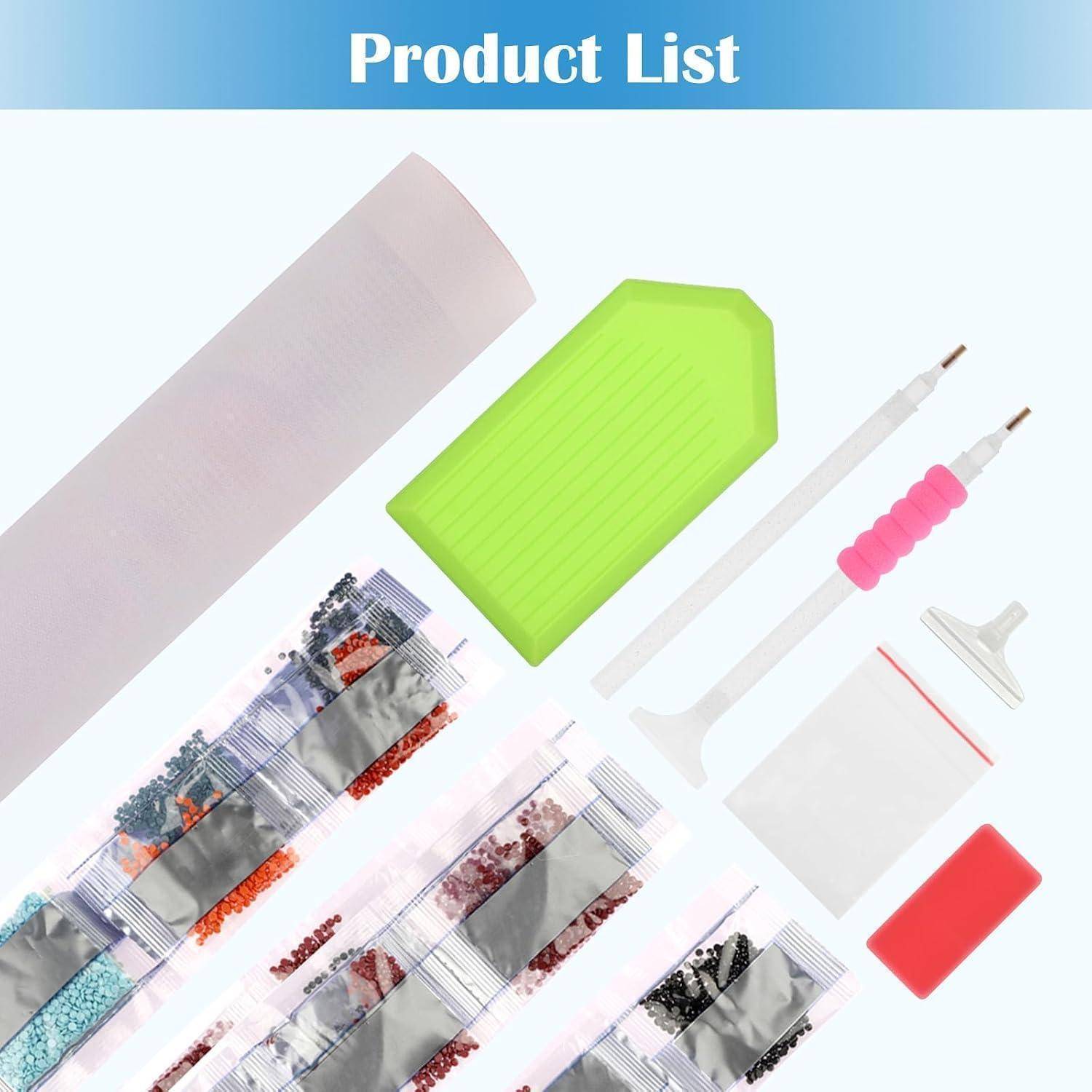 Produktliste für Diamond-Painting-Werkzeuge mit einem Tablett, Applikationsstiften, Wachskissen, Perlenäckchen, einem weißen Behälter und einem roten Zubehörteil.