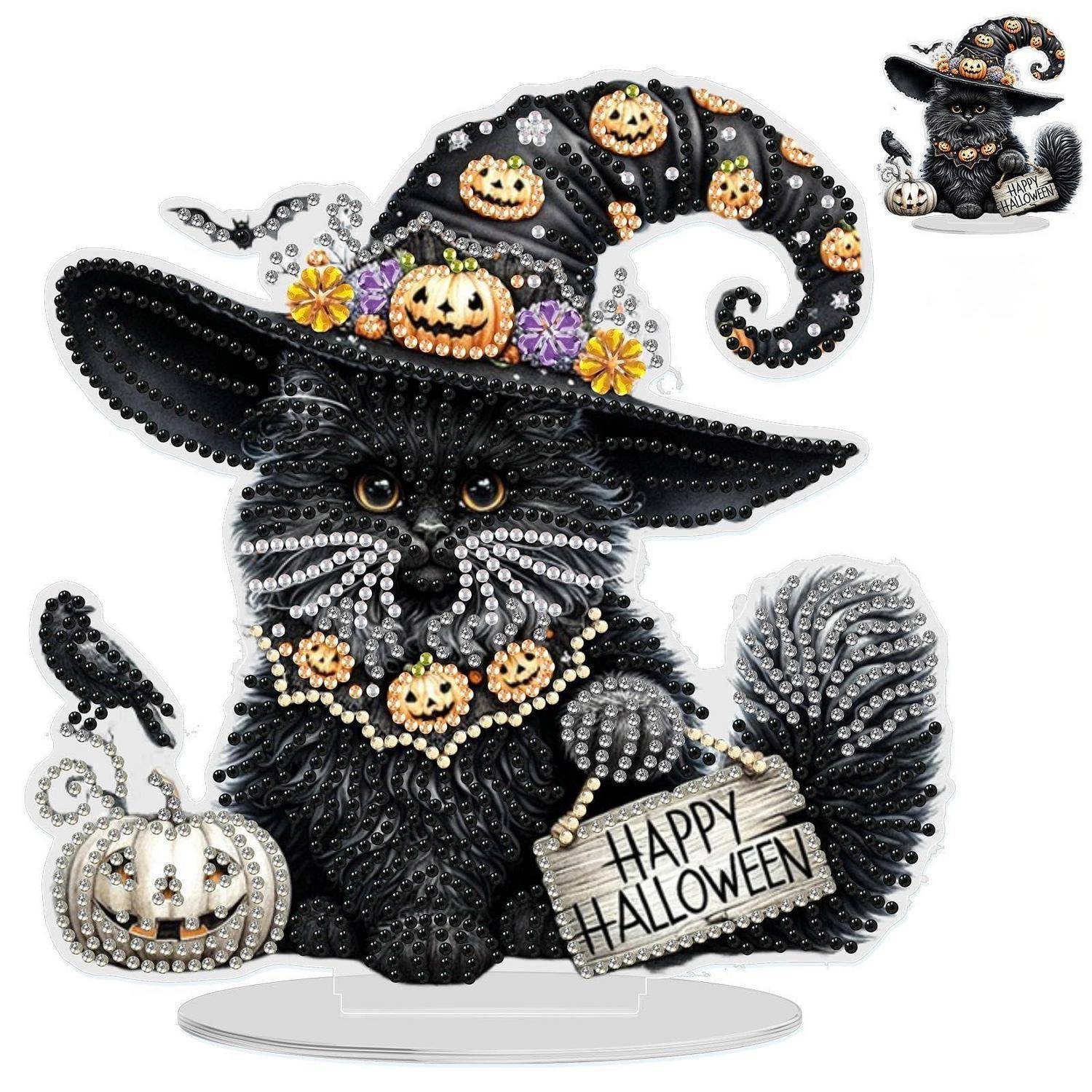 Schwarze Katzen-Halloween-Dekoration mit einem kürbisverzierten Hexenhut, mit 