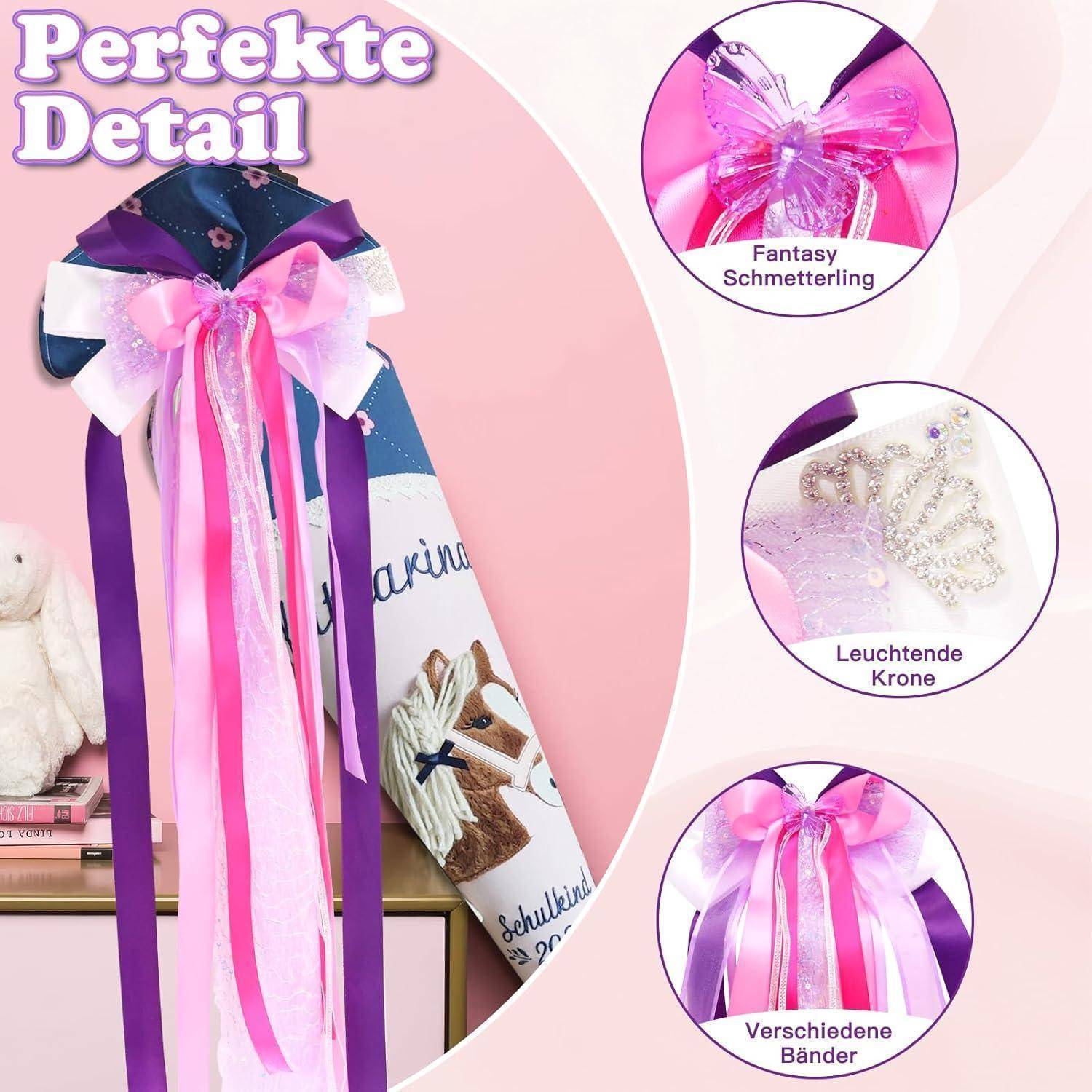 Dekoratives Geschenk oder Festaccessoire mit rosa, violetten und weißen Bändern; Detailansichten zeigen einen Fantasy-Schmetterling, eine leuchtende Krone und verschiedene Bandstile.