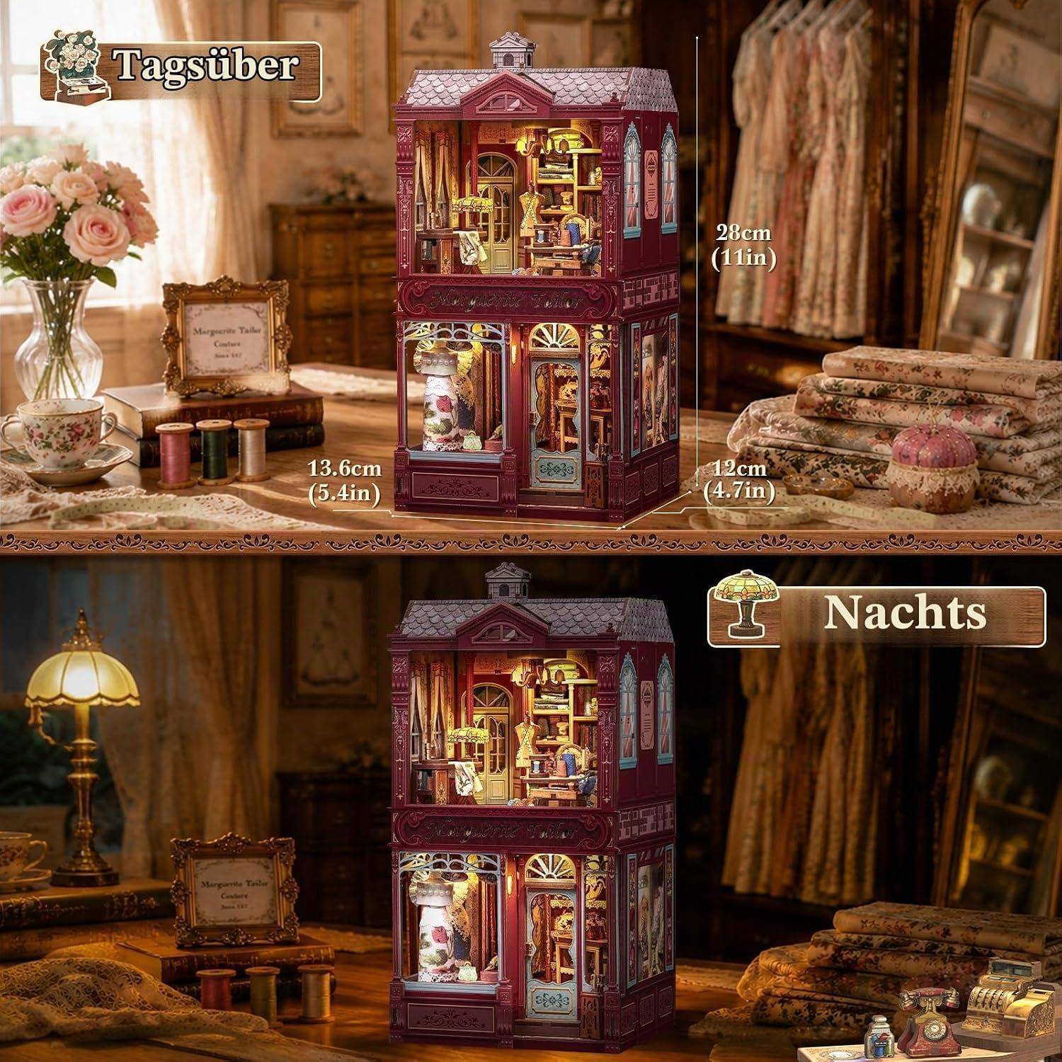 Zwei Ansichten eines miniatur-viktorianischen Puppenhauskabinetts bei Tageslicht ('Tagsüber') und Nachtbeleuchtung ('Nachts'), die seine Größe und warmen Innendetails zeigen.