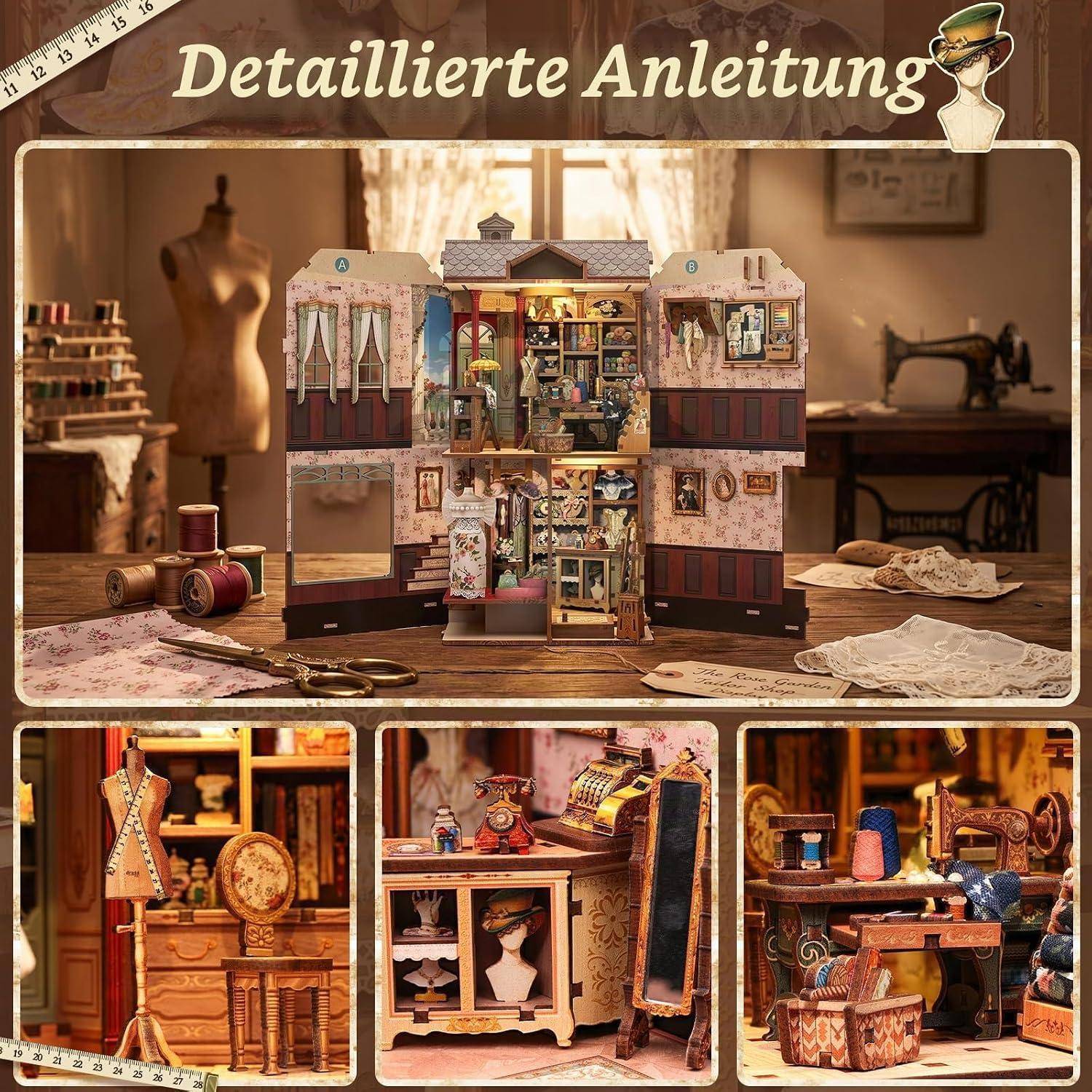 Collage mit einem detaillierten Puppenhaus im Näh-Thema in einer Werkstatt, mit drei Nahaufnahmen von Räumen, die mit Vintage-Nähwerkzeugen und Dekorationen gefüllt sind.