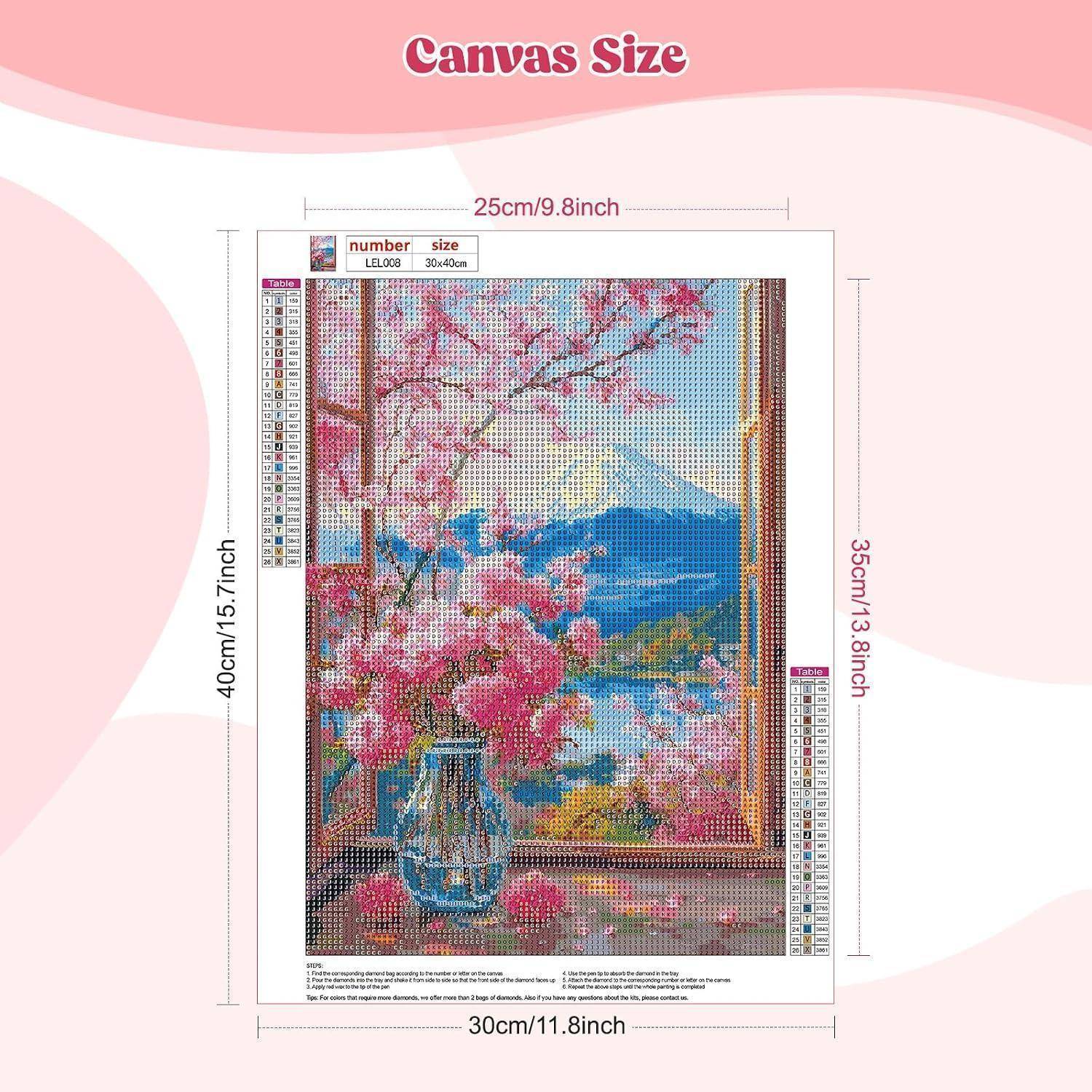 Leinwandgrößen-Diagramm, das ein Diamantmalerei-Bild mit rosa Blüten in einer Vase neben einem Fenster zeigt, mit beschrifteten Abmessungen von 25 cm Breite mal 35 cm Höhe und 30 cm mal 40 cm insgesamt.