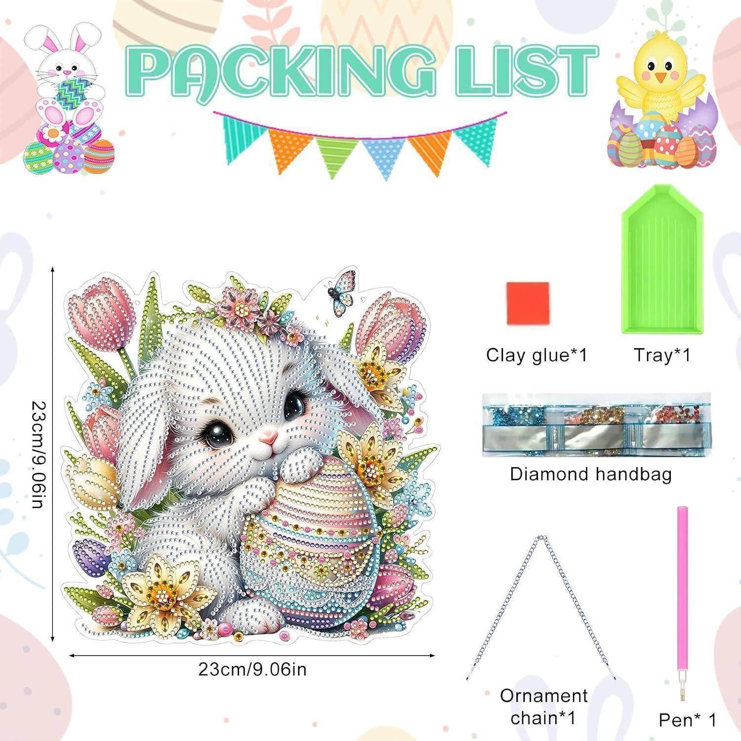 Oster-Themen Diamond Painting Packliste mit Hasenkunstwerk, Größe 23 cm x 23 cm, und enthaltene Artikel: Tonkleber, Tablett, Diamant-Handtasche, Schmuckkettenanhänger und Stift.