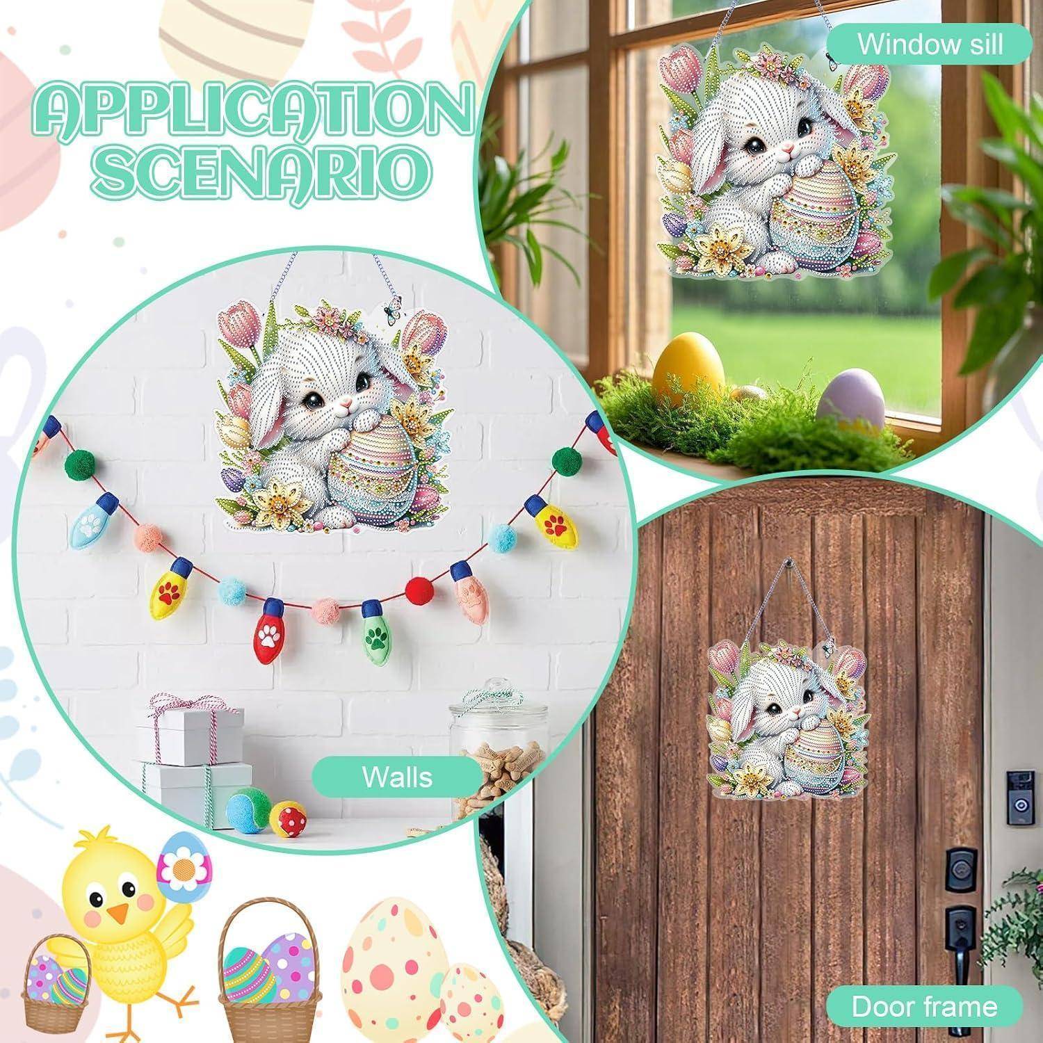Collage, das eine Osterhasen-Illustration zeigt, die als Dekoration an einer Wand, einer Fensterbank und einem Türrahmen verwendet wird.