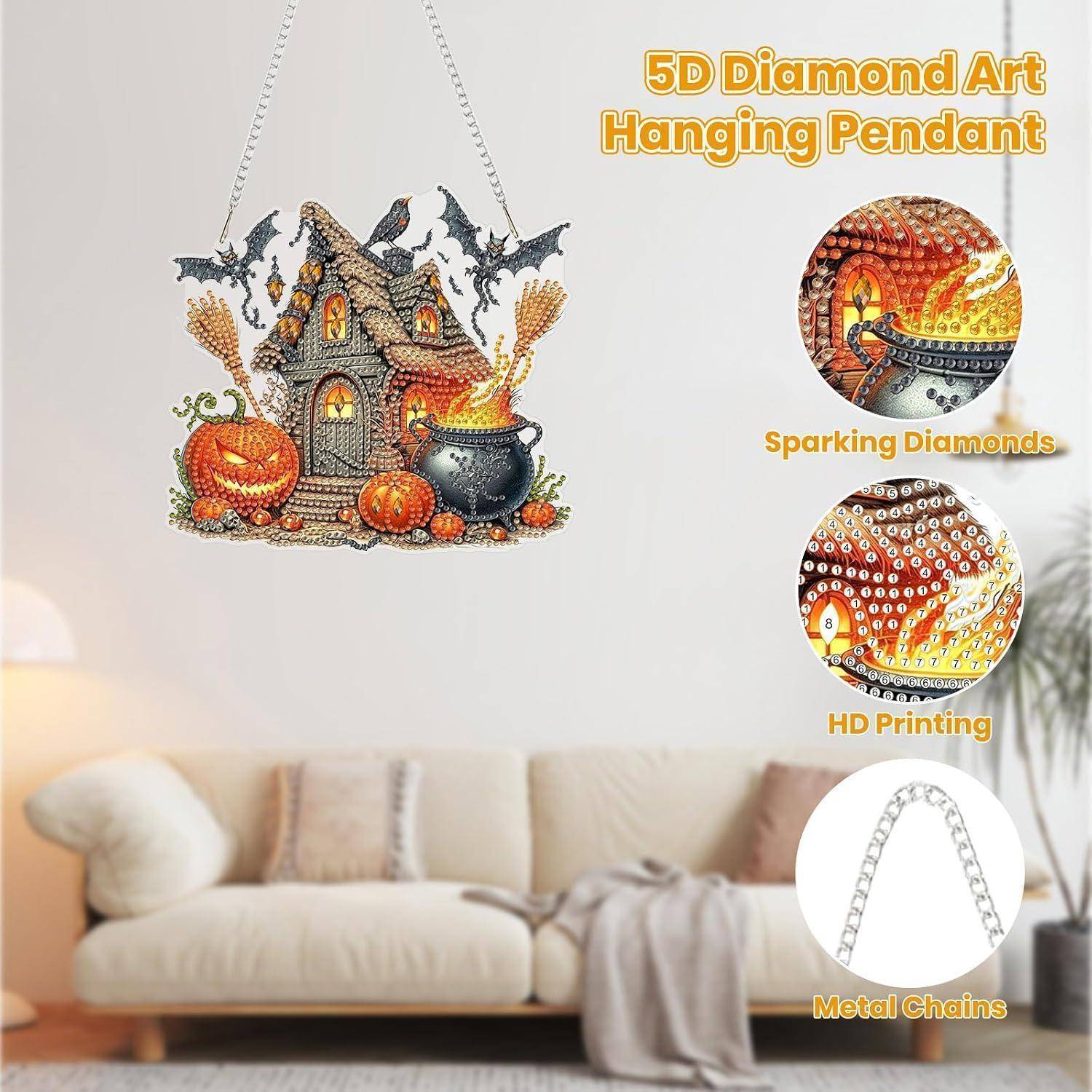 5D-Diamantkunst-Hängependant mit einem Halloween-Haus mit Kürbissen und Fledermäusen, angezeigt mit Merkmalsbeschriftungen für funkelnde Diamanten, HD-Druck und Metallketten.