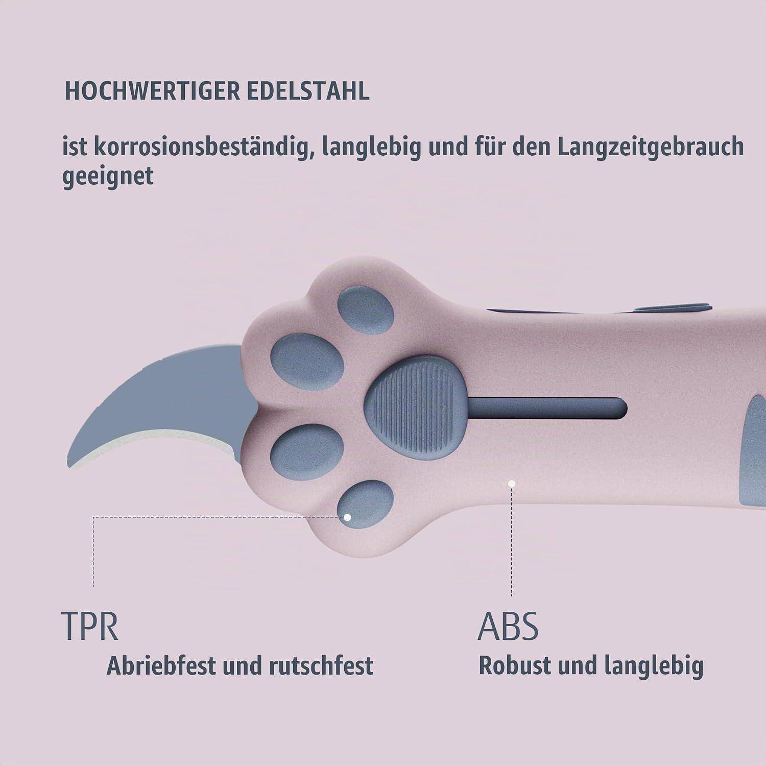 Diagramm einer Haustiernagel-Schere, beschriftet mit „Hochwertiger Edelstahl" und zeigend TPR-Griff als verschleißfest und rutschfest sowie ABS als robust und langlebig.