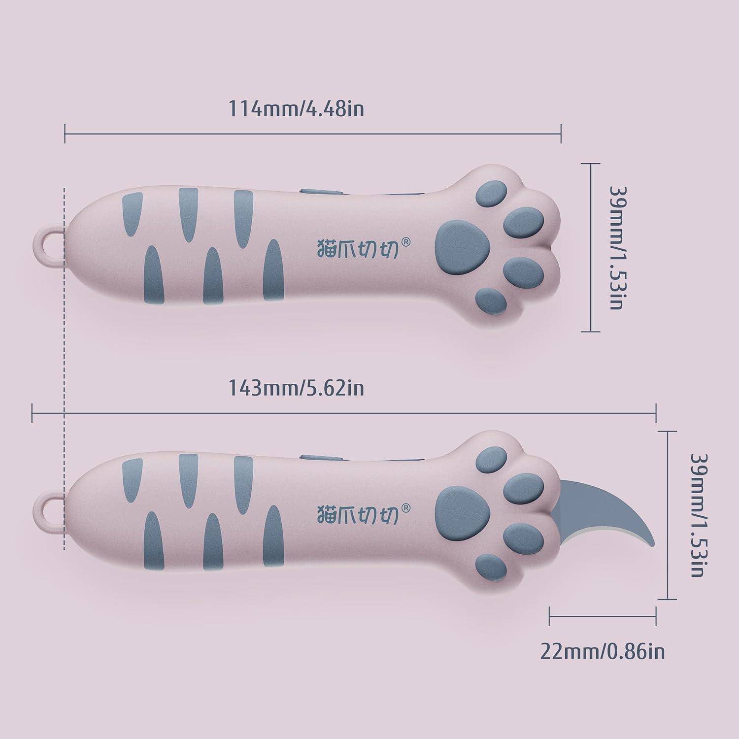 Produktdiagramm mit einer katzentatzenförmigen Haustierkrallenschere in geschlossener und offener Position, mit beschrifteten Abmessungen von 114 mm, 143 mm, 39 mm und 22 mm.