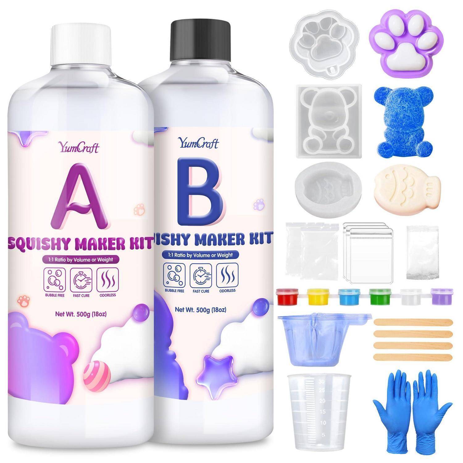 Zwei-Flaschen-Set mit den Bezeichnungen A und B für ein Softie-Maker-Set, mit Tier- und Formformen, Mischbecher, Stäbchen, Handschuhen und Farbbechern, die daneben abgebildet sind.