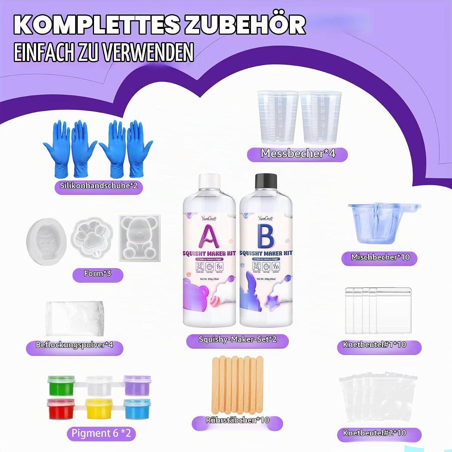 Inhalte des Bastelsets angezeigt: Seidenhandschuhe, Messbechér, Rührbechér, Formen, Bechergläser, Pigmentflaschen, Rührstäbe und Knetbeutel, zentriert auf einem Silikon-Herstellerset.