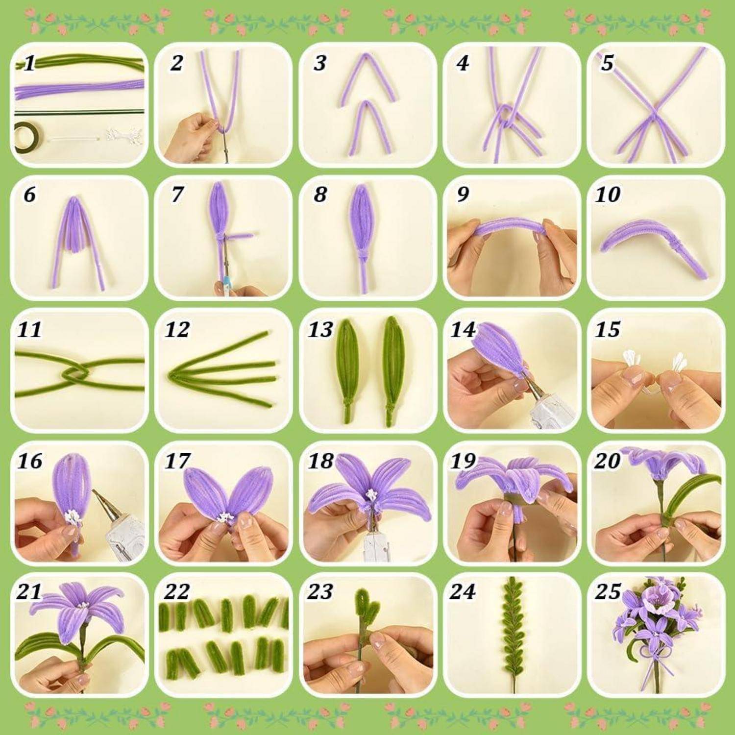 Schritt-für-Schritt-Blumenbasteleianleitung zum Wickeln, Biegen, Schneiden und Zusammensetzen von grünen und violetten Materialien zu einem fertigen Strauß.