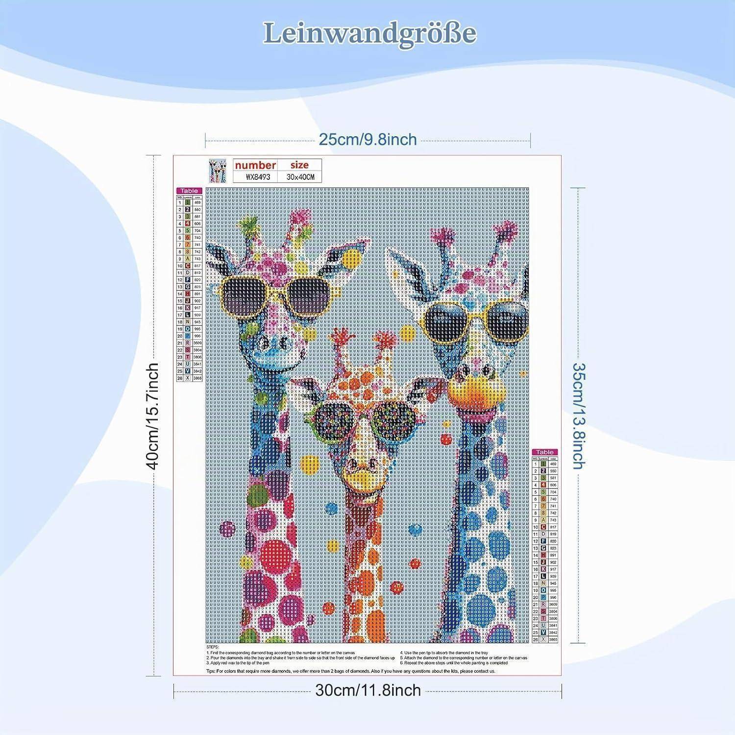Diagramm, das die Leinwandgröße für ein Diamantmalerei-Giraffe-Motiv zeigt: 30 x 40 cm Gesamtgröße, mit einem Bildbereich von 25 cm Breite und 35 cm Höhe.