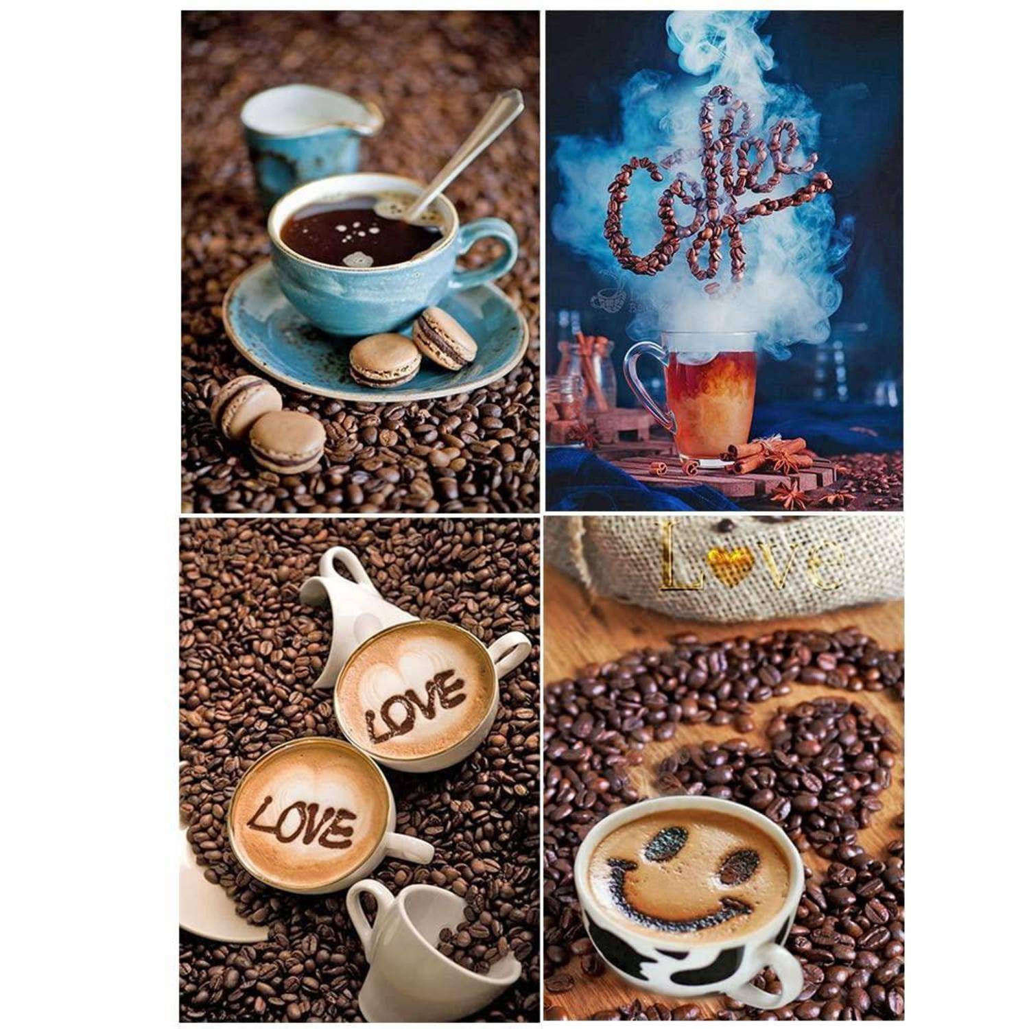 Vier kaffee-thematische Fotos zeigen Tassen auf Kaffeebohnen, darunter Latte-Art mit dem Wort „Liebe