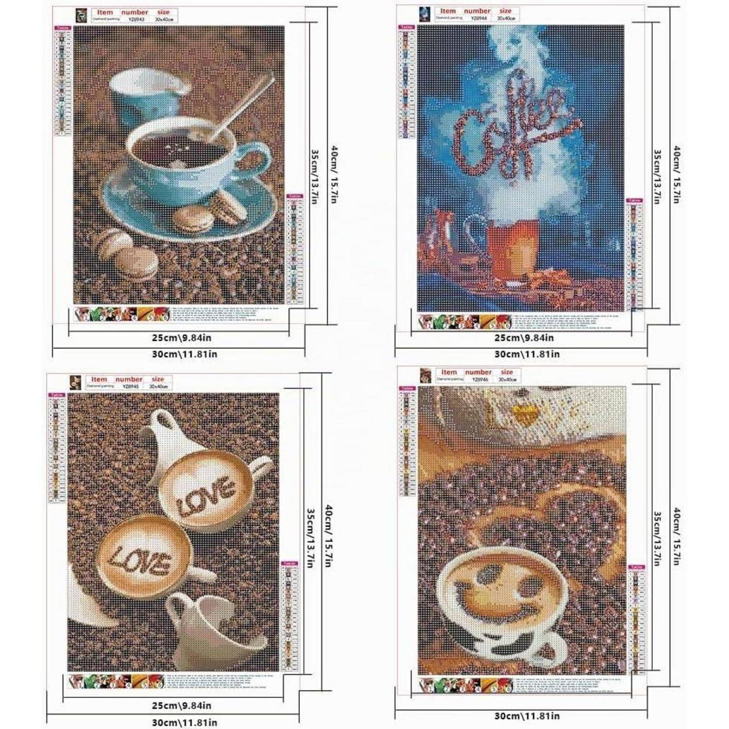 Vier Diamond-Painting-Designs in einem 2x2-Layout angeordnet: eine Kaffeetasse, eine blaue abstrakte Szene, "LOVE"" in Tassen und eine lächelnde Kaffeetasse.