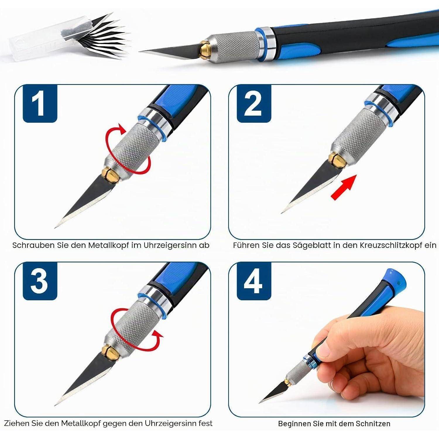 Vierstufiges Anleitungsdiagramm zeigt, wie man ein Universalmesser zusammenbaut und verwendet: Metallkappe abschrauben, Klinge einsetzen, festziehen, dann mit dem Schneiden beginnen.