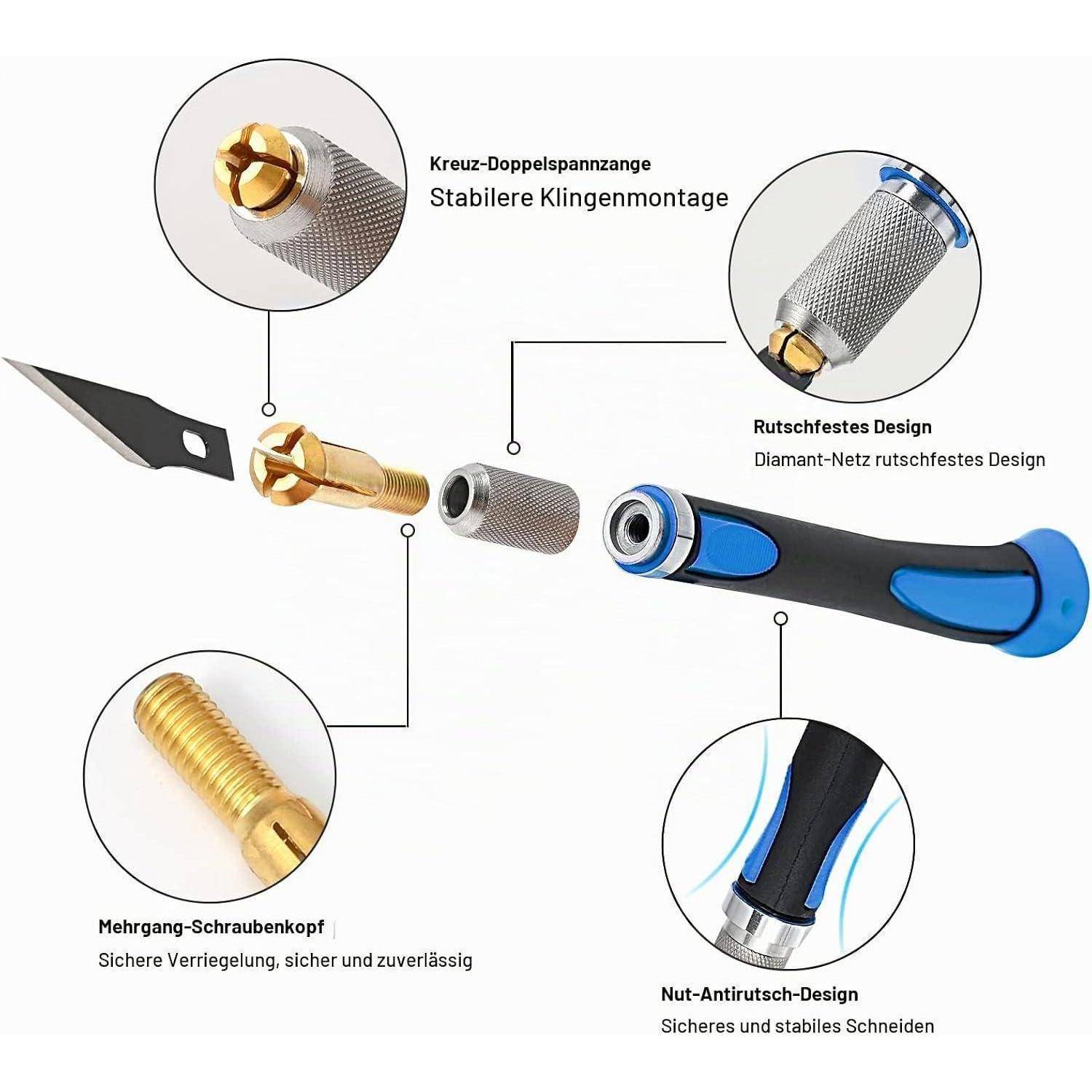 Illustriertes einziehbares Universalmesser mit beschrifteten Nahaufnahmen der Klinge, des Gewindebolzenkopfs, des gerillten Metallschafts und des blauschwarzen Griffs, wobei die stabile Klingenbefestigung und das rutschfeste Design hervorgehoben werden.