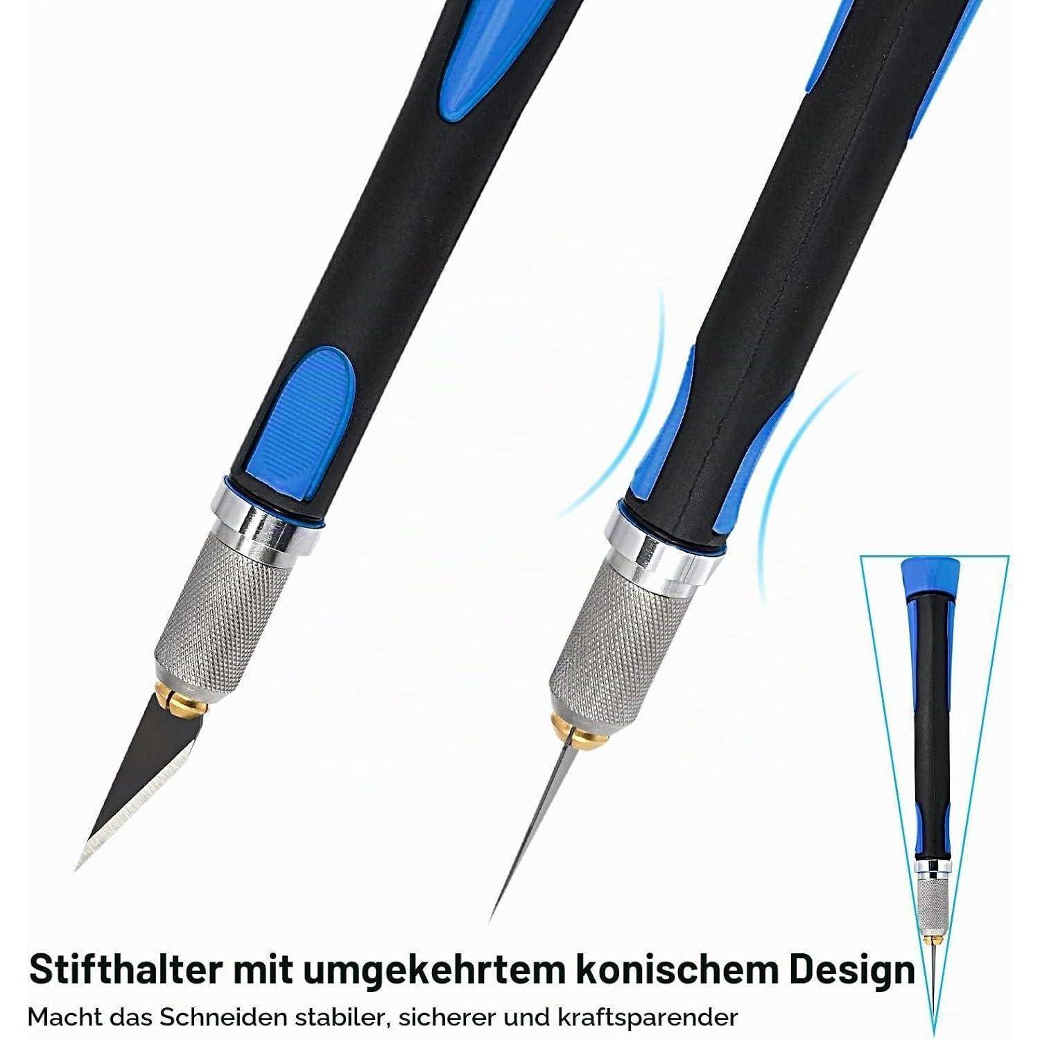 Produktbild eines schwarz-blauen Mehrzweckmesserkhalters mit invertiertem Kegeldesign, das zwei Klingenpositionen und eine kleine Vergrößerungsansicht zeigt; Deutscher Text unten.