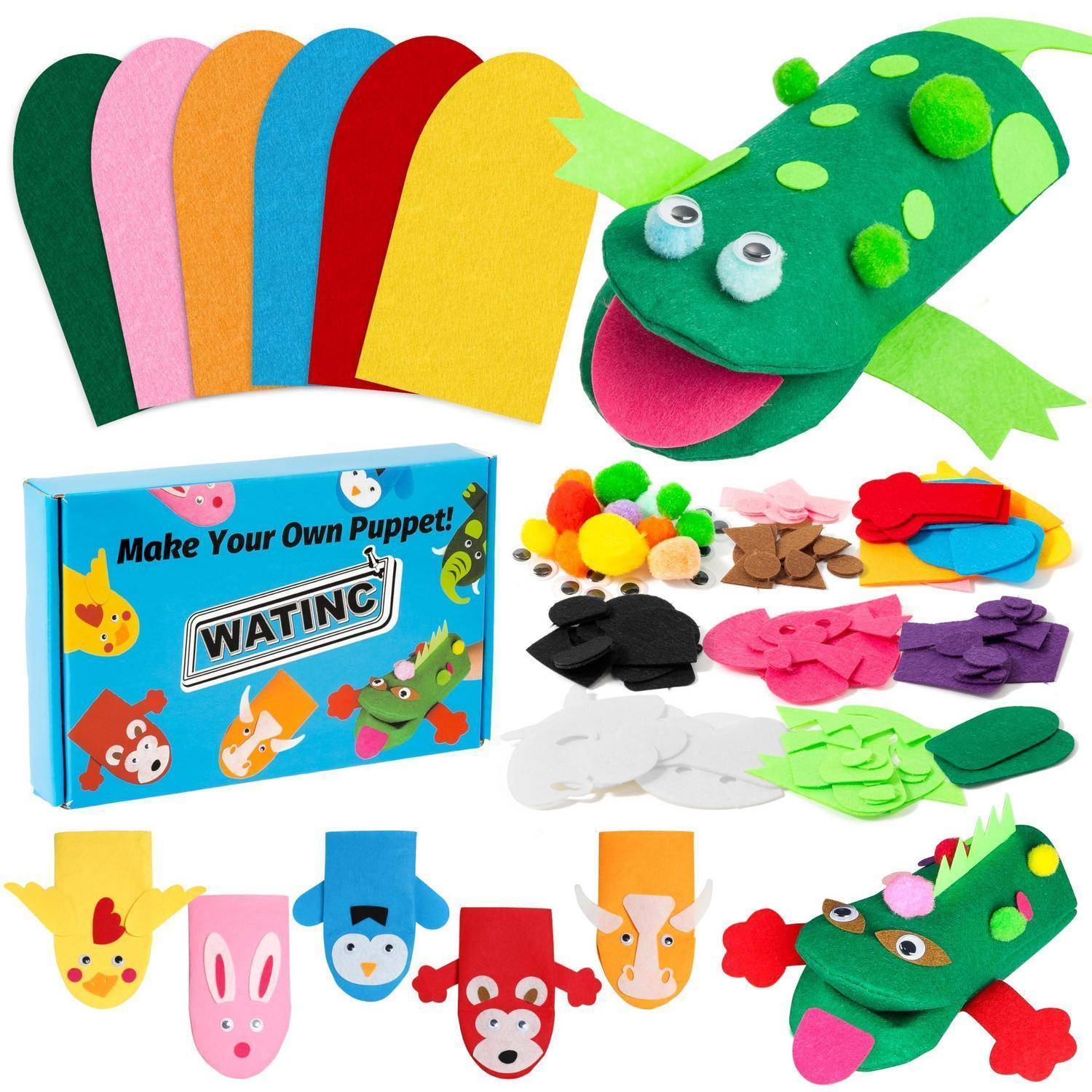 Farbenfrohe Filzpuppenbasteln mit Beispieltier-Handpuppen, Schaumstoffteilen, Wackelaugen und einer Schachtel 
