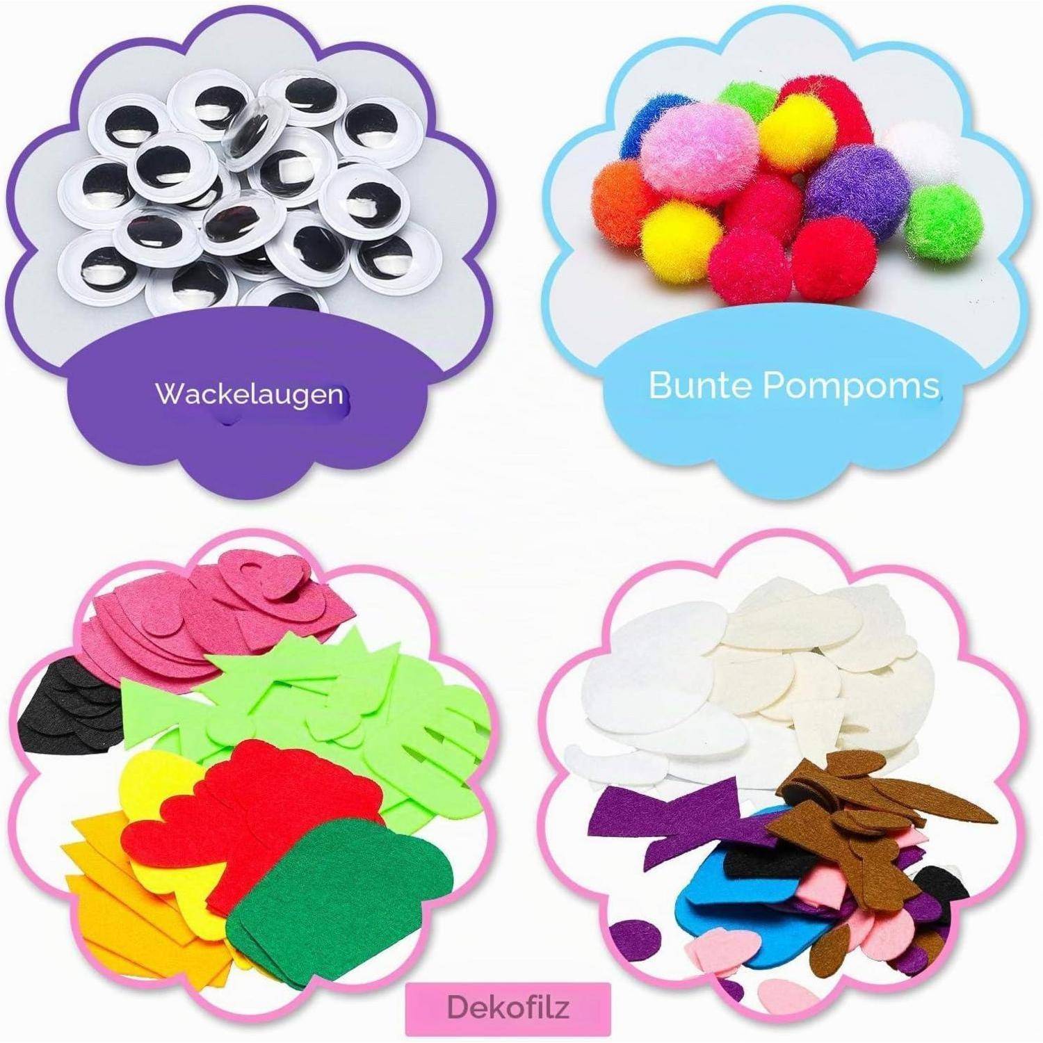 Vier beschriftete Bastelmaterial-Gruppen in Wolkenformen: 'Wackelaugen' Wackelaugen, 'Bunte Pompoms' bunte Pompons und zwei 'Dekofilz' Filzstücke-Sortimente.