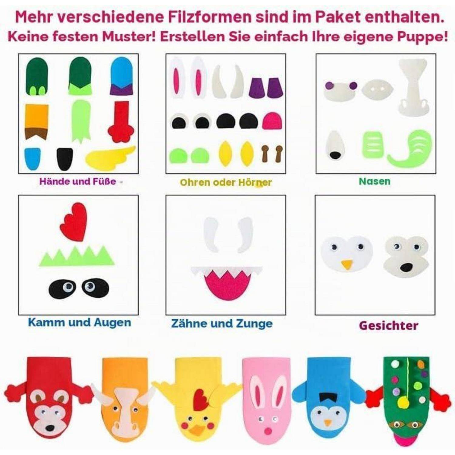 WATINC 6Pcs Felt Handpuppe DIY Art Craft Set für Moderne Kinder Filz Spielpuppe Socke Pompoms Bastelarbeiten Machen Puppet Wackeln Googl Eyes