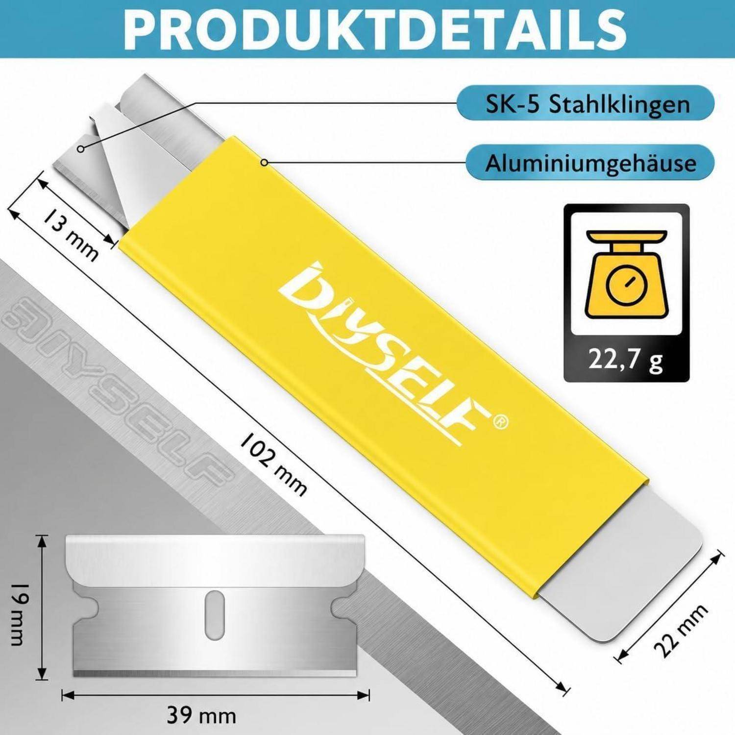 Produktdetails-Diagramm eines gelben USB-Sticks mit SK-5-Stahlklinge, Aluminiumgehäuse, 22,7 g Gewicht und Abmessungen von 102 mm x 22 mm x 13 mm.