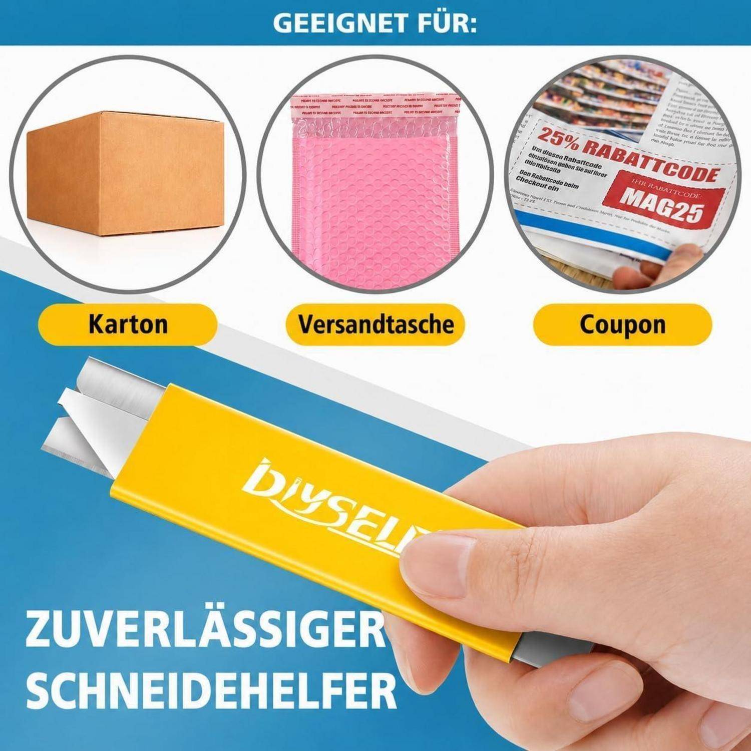 Eine Hand hält einen gelben Universalschneider mit der Aufschrift „ZUVERLÄSSIGER SCHNEIDEHELFER"; obere Symbole zeigen, dass er für Karton, Versandbeutel und Gutscheine geeignet ist.
