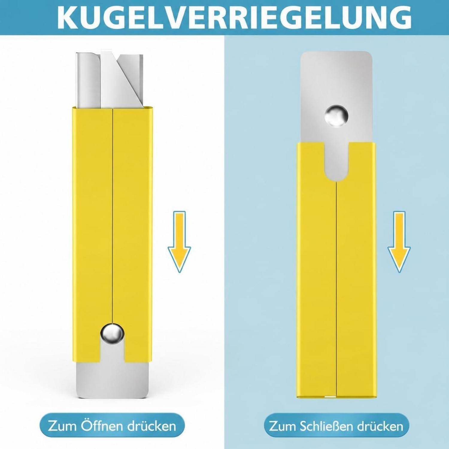 Diagramm, das ein Kugelverriegelungsschloss zeigt: Nach unten drücken zum Öffnen, nach unten drücken zum Schließen, mit den Bezeichnungen „Zum Öffnen drücken" und „Zum Schließen drücken"".