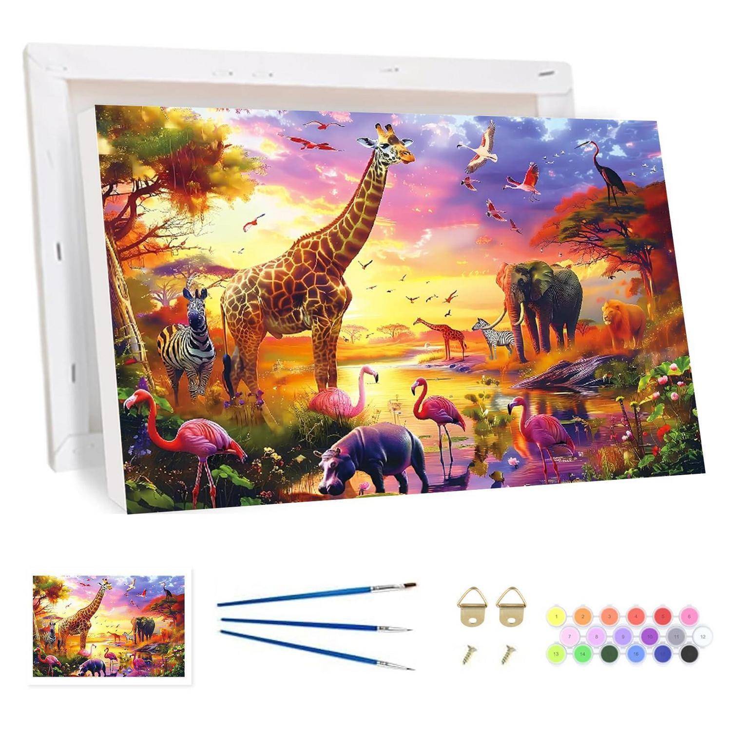 Malset mit farbenfroher Tierweltszene mit Giraffe, Zebra, Elefant, Flamingos und Vögeln, plus drei Pinseln, Aufhängehardware und Farbpunkten.