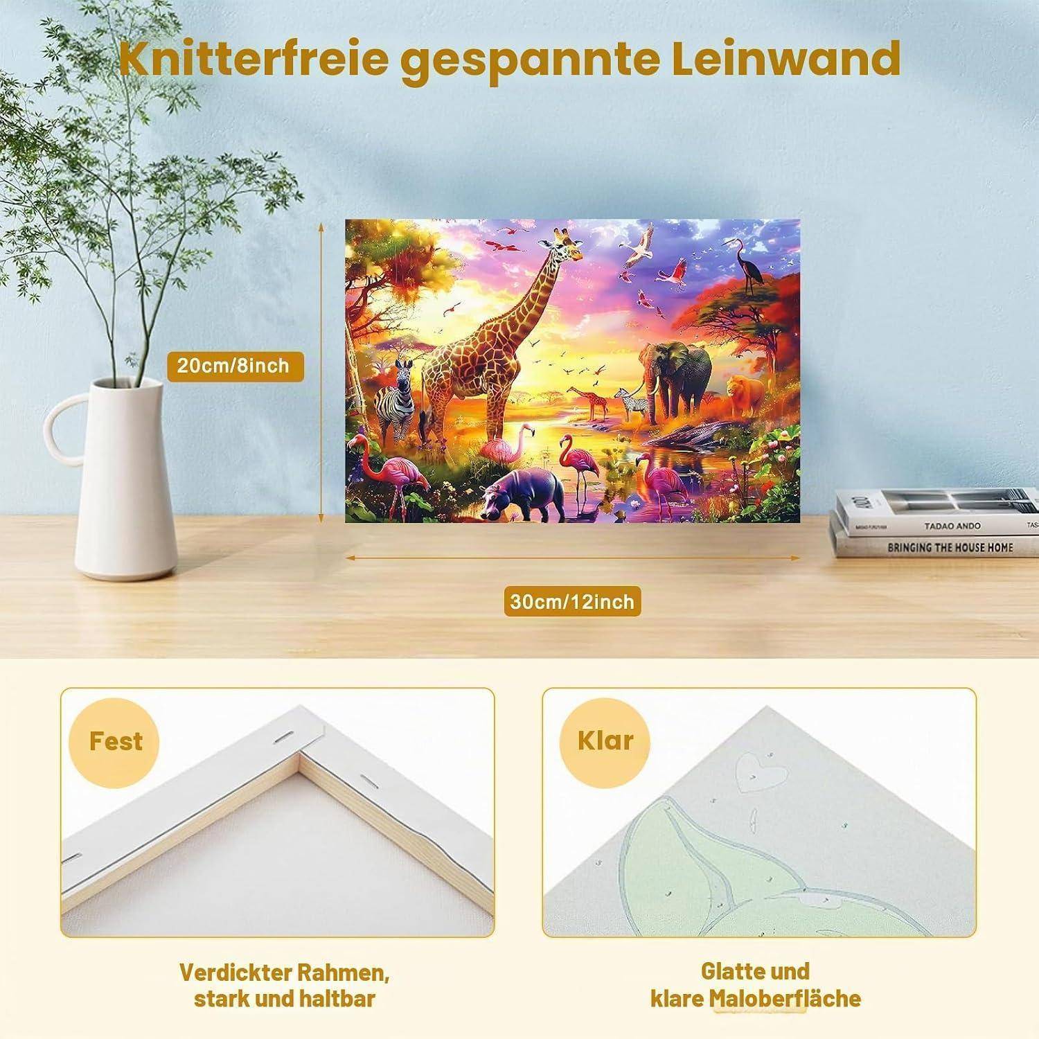 Produktanzeige für eine knitterfreie gespannte Leinwand mit farbenfrohemSafari-Druck auf gespanntem Rahmen mit Größenangaben 30cm/12Zoll und 20cm/8Zoll, plus Nahaufnahmen des massiven Rahmens und der glatten Oberfläche.
