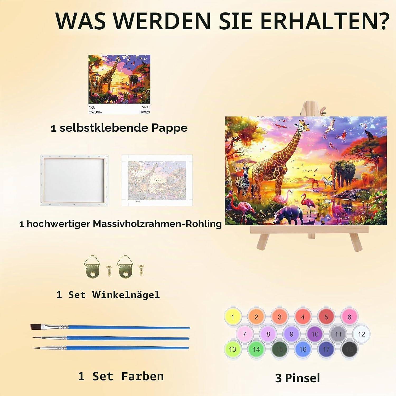 Deutsches Produktbild, das zeigt, was enthalten ist: ein selbstklebendes Papierdruck, ein massiver Holzrahmen-Rohling, ein Satz Ecknägel, ein Satz Farben und 3 Pinsel, mit einer Giraffen-Leinwand-Vorschau.