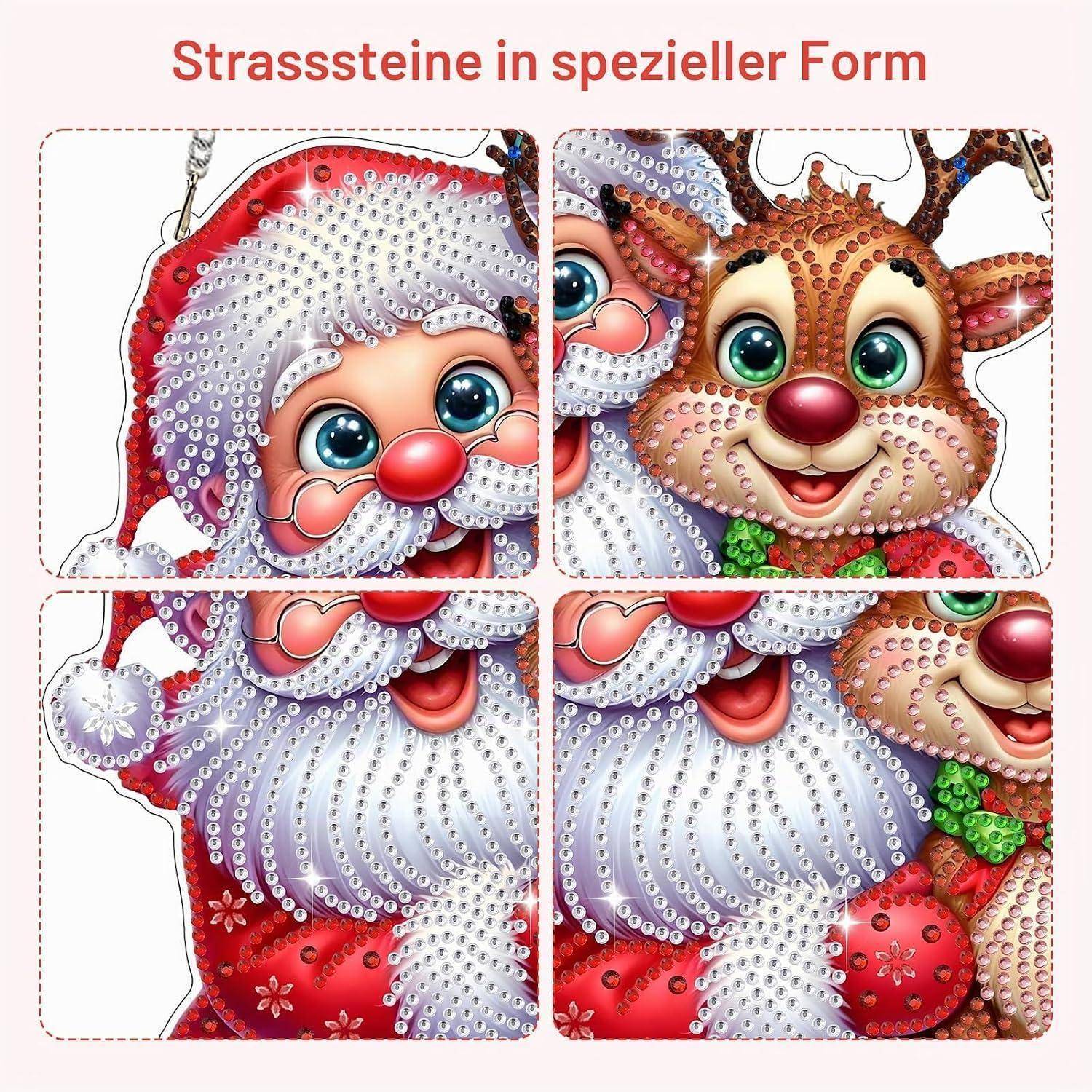 Illustration von vier Diamond-Painting-Panels, die einen Weihnachtsmann und Rentier zeigen, aufgeteilt in ein 2x2-Puzzle mit dem Titel „Strasssteine in spezieller Form".