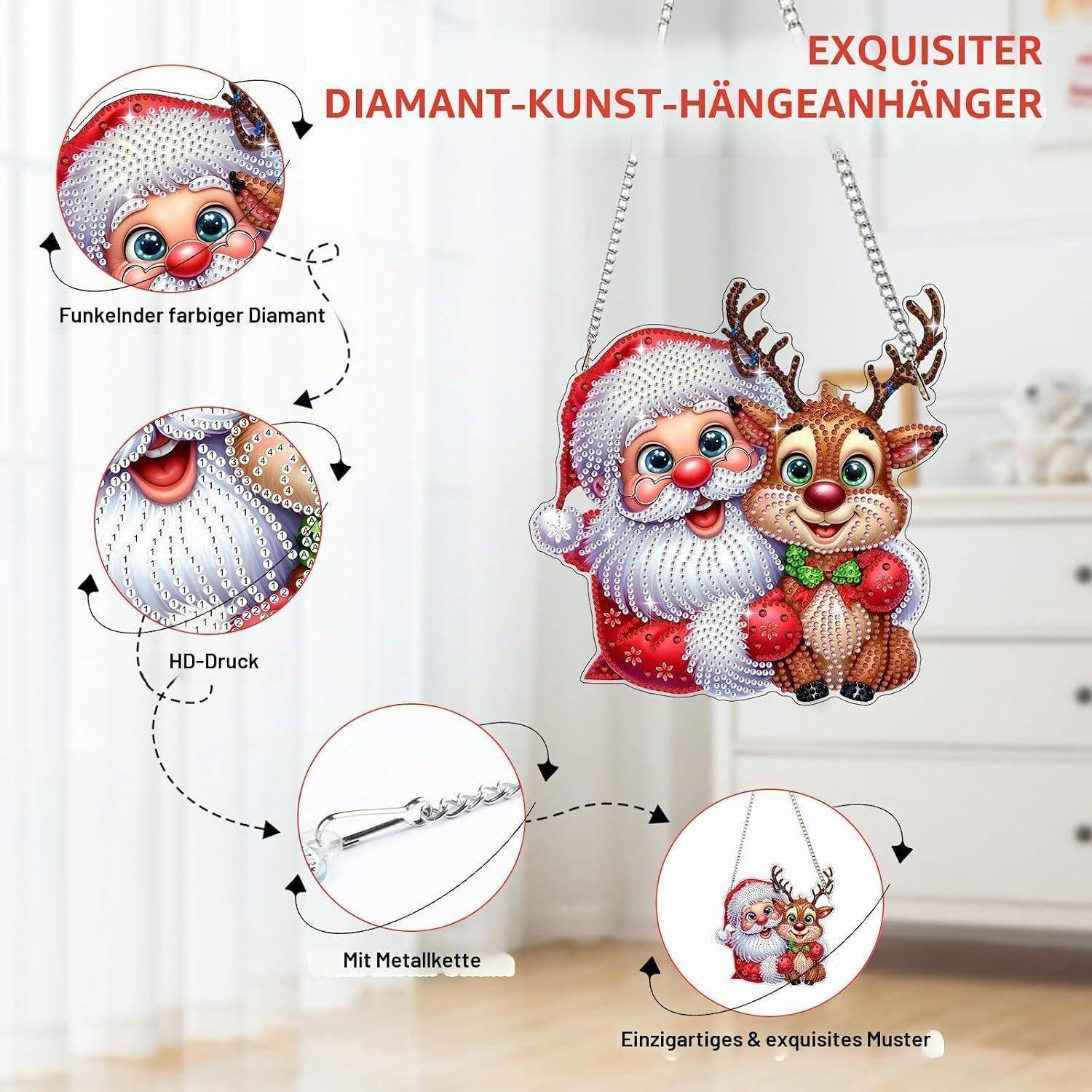 Weihnachtlicher Anhängerkette mit Weihnachtsmann und Rentier, dargestellt als diamantbemaltes Design an einer Metallkette mit deutschen Etiketten, die Glitzern, HD-Druck und Mustervdetails hervorheben.