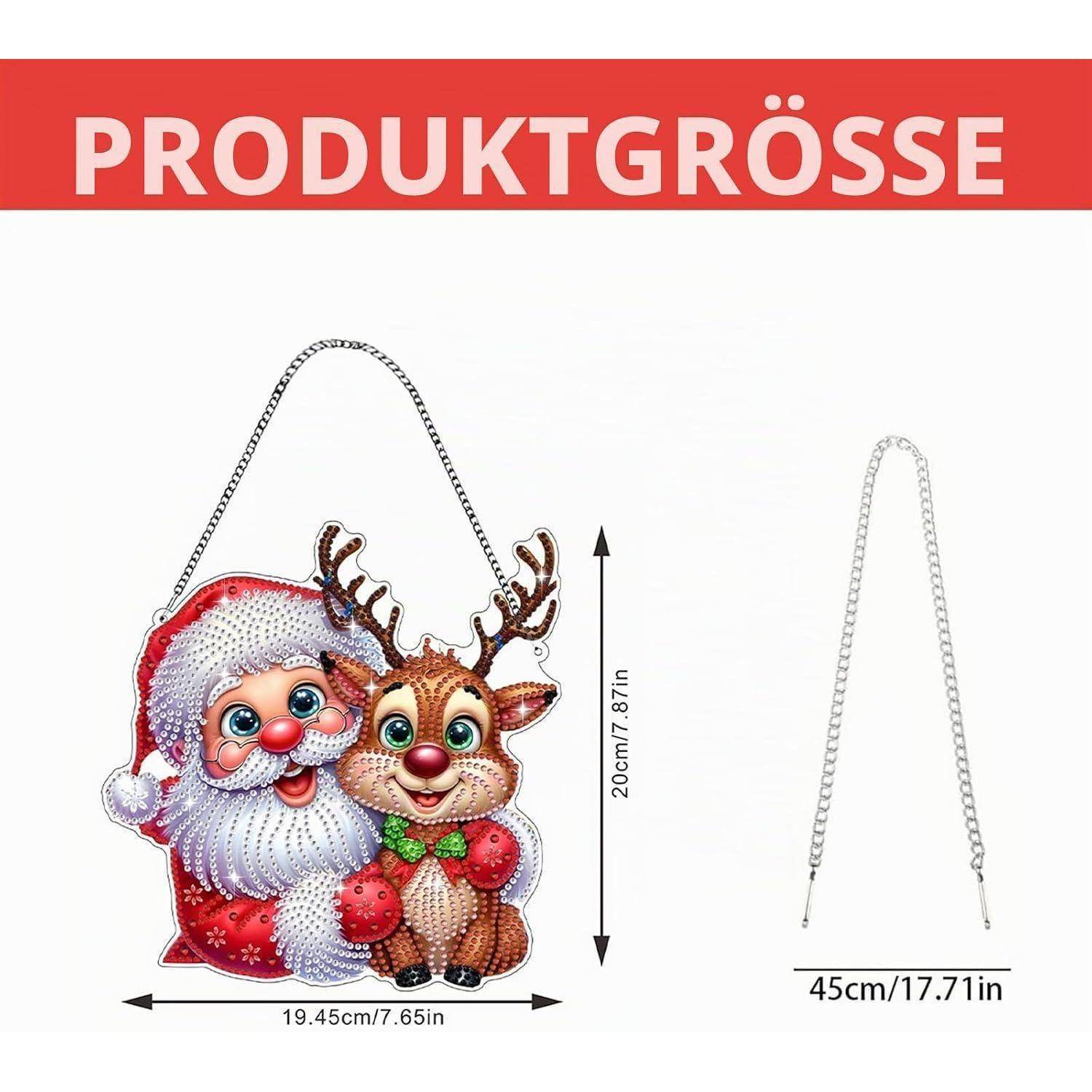 Größentabelle für eine Weihnachtsmann- und Rentier-Dekoration mit Abmessungen von 20 cm Höhe, 19,45 cm Breite und Kettenlänge 45 cm.