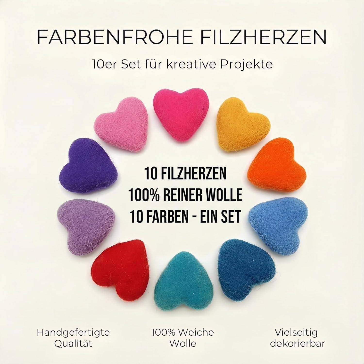 ThaiRoot Filzherzen 10 Stück, 3 cm, handgefertigt aus 100% Wolle – Bastelset für DIY, Dekoration, Kleidung & Geschenkideen, 10 Farben