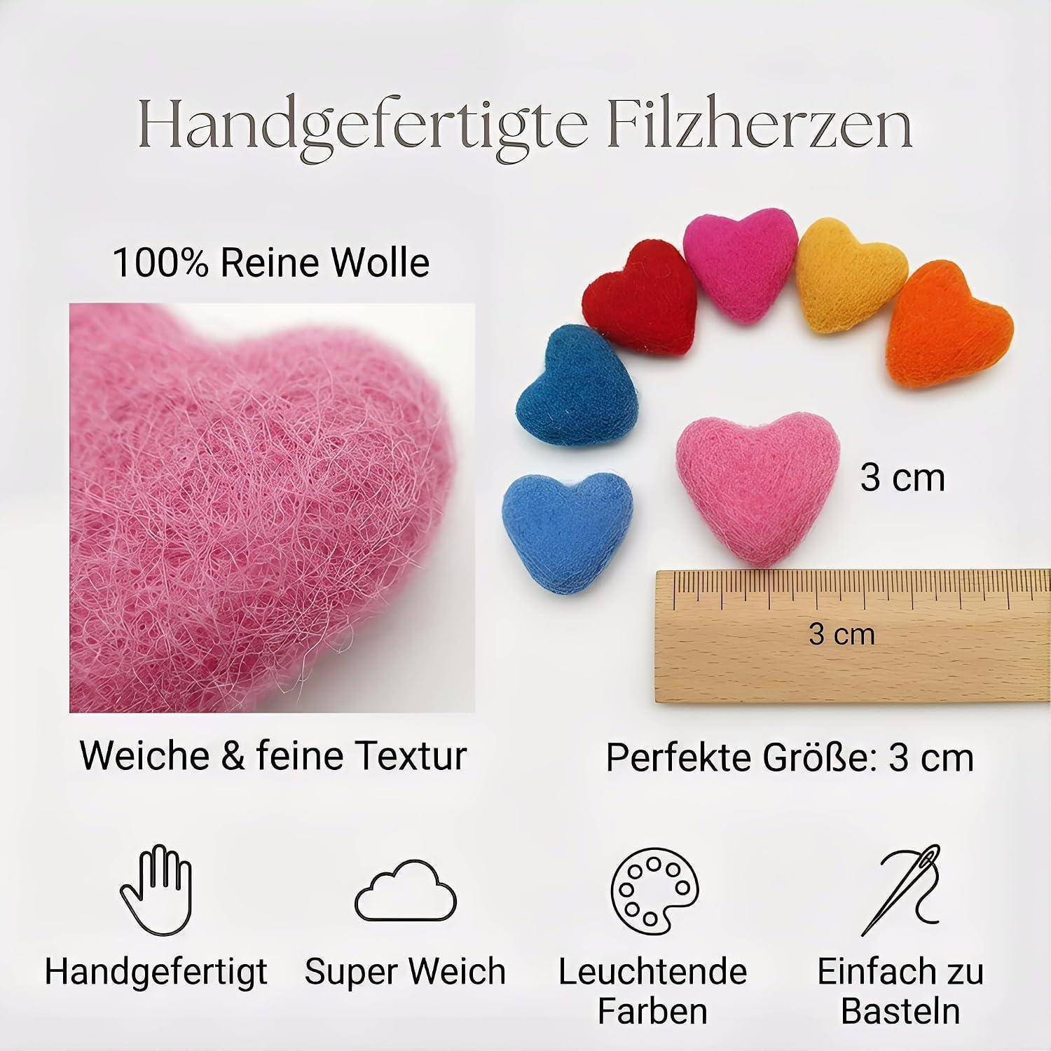 ThaiRoot Filzherzen 10 Stück, 3 cm, handgefertigt aus 100% Wolle – Bastelset für DIY, Dekoration, Kleidung & Geschenkideen, 10 Farben