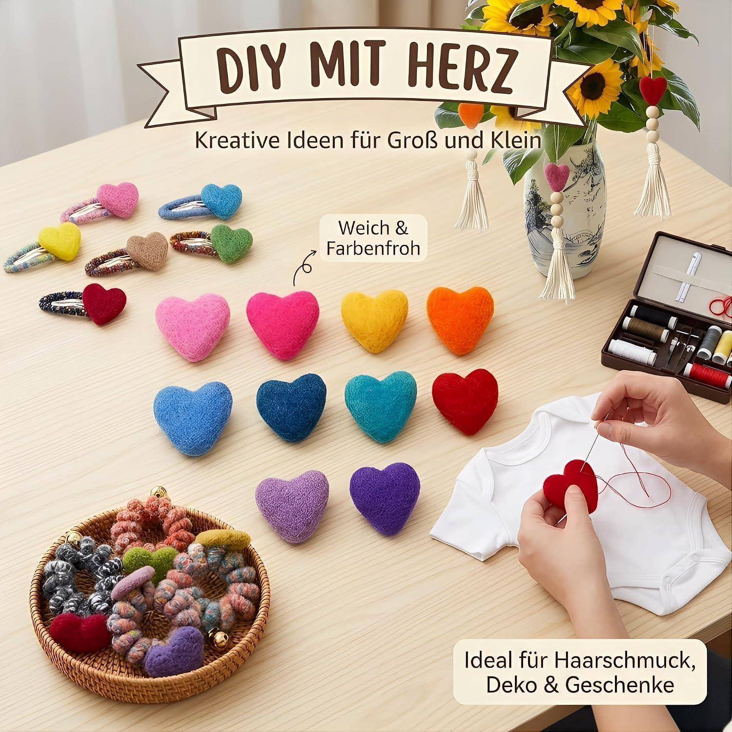 ThaiRoot Filzherzen 10 Stück, 3 cm, handgefertigt aus 100% Wolle – Bastelset für DIY, Dekoration, Kleidung & Geschenkideen, 10 Farben