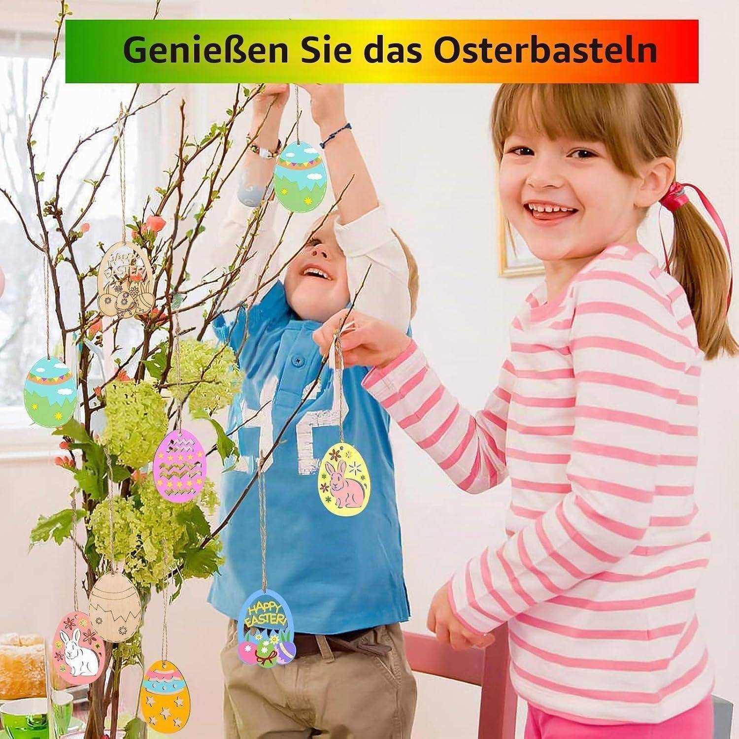Zwei Kinder schmücken einen Baum mit Ostereiern und Frühjahrsblumen; das Banner trägt die Aufschrift „Genießen Sie das Osterbasteln