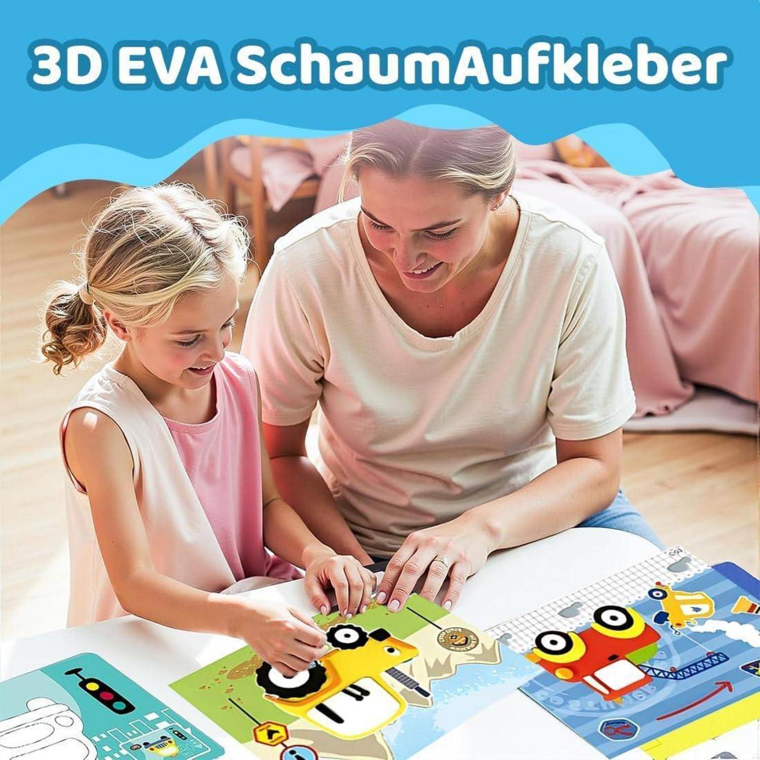 Frau und Kind verwenden bunte 3D-EVA-Schaumaufkleber an einem Tisch, mit dem Text „3D EVA SchaumAufkleber