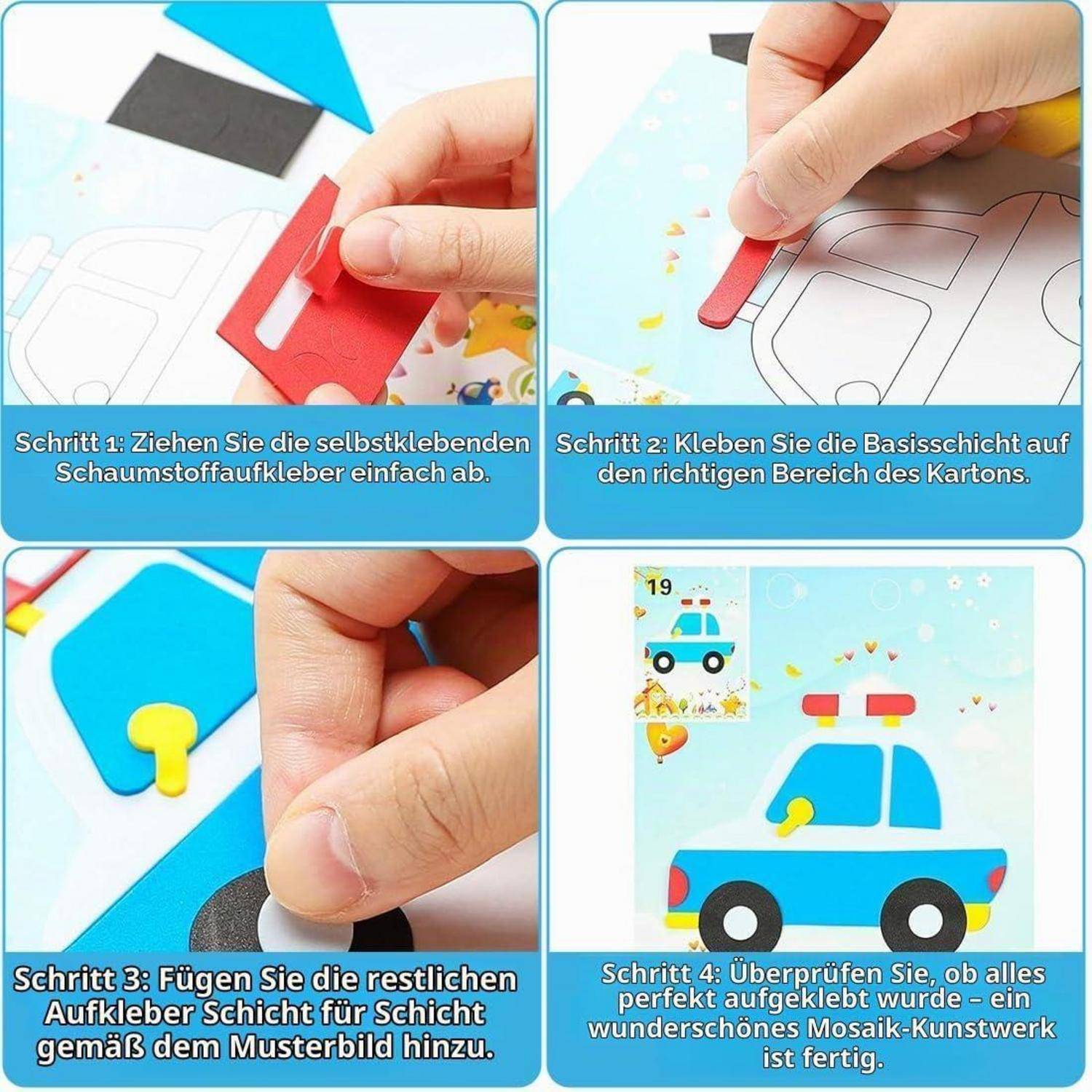 Vierschrittiges Bastel-Tutorial, das Hände zeigt, die Schaumstoff-Aufkleber abziehen und aufkleben, um ein blaues Spielzeugauto aus einem Karton-Bausatz zusammenzusetzen.