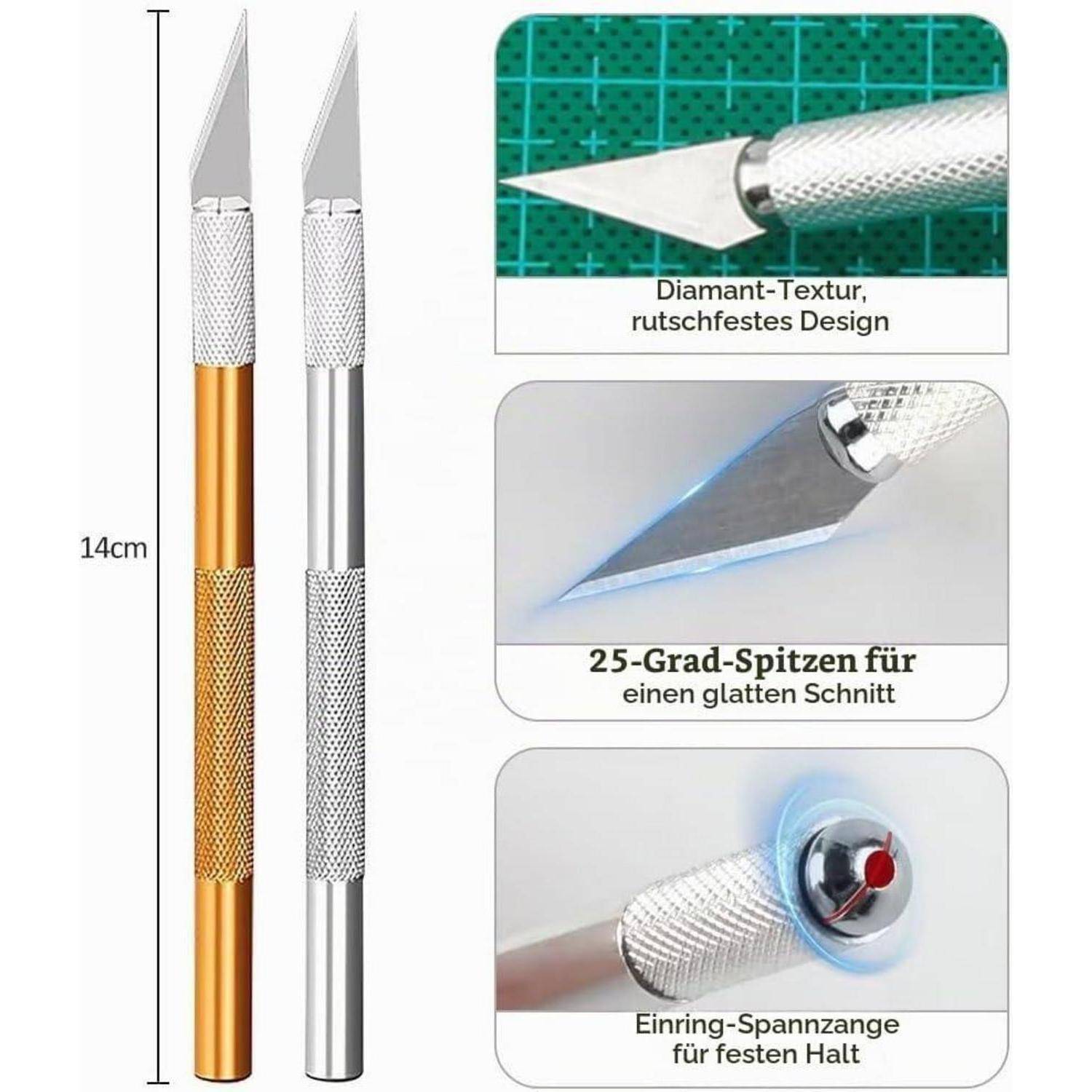 Bild zeigt zwei 14 cm Präzisions-Handwerksmesser, eines in Gold und eines in Silber, mit Nahaufnahmen eines strukturierten Griffs, einer 25-Grad-Klinge und einer Fingerringklemme für sicheres Schneiden.