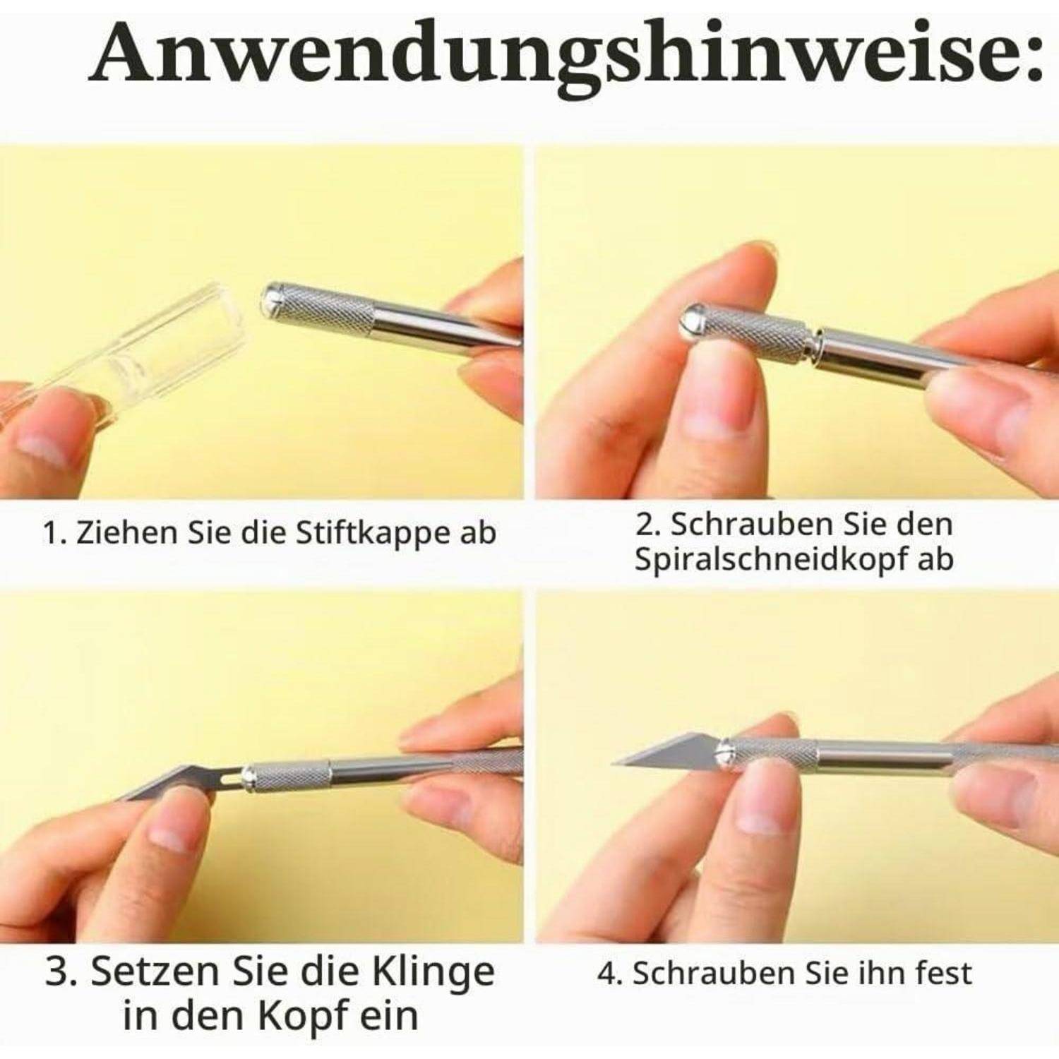 Anleitung zum Zusammenbau eines Spiralmesser-Stifts: Kappe abnehmen, Kopf abschrauben, Klinge einführen und festziehen.
